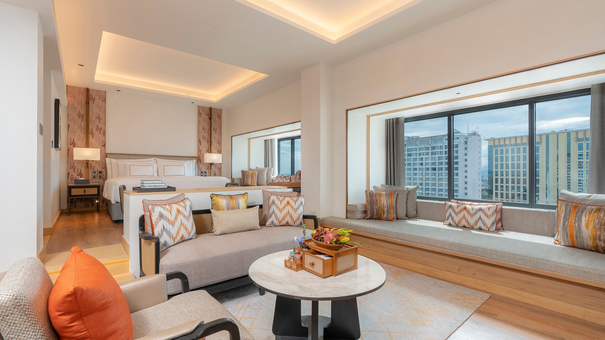 a room with a bed and a table