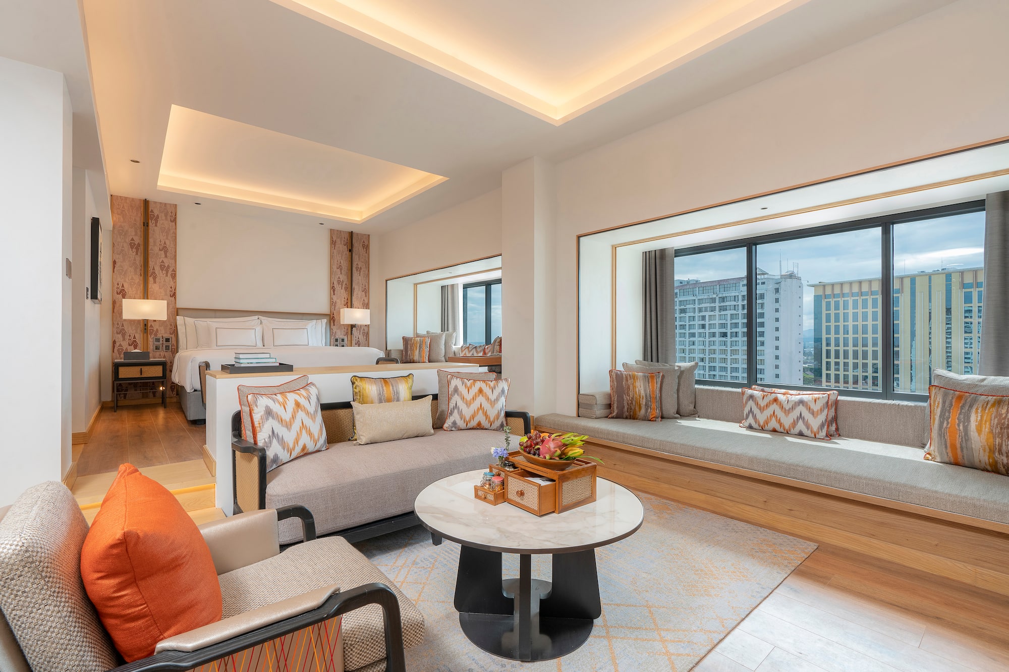 a room with a bed and a table