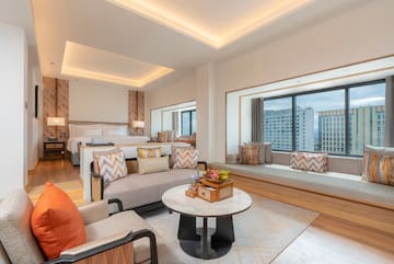 a room with a bed and a table