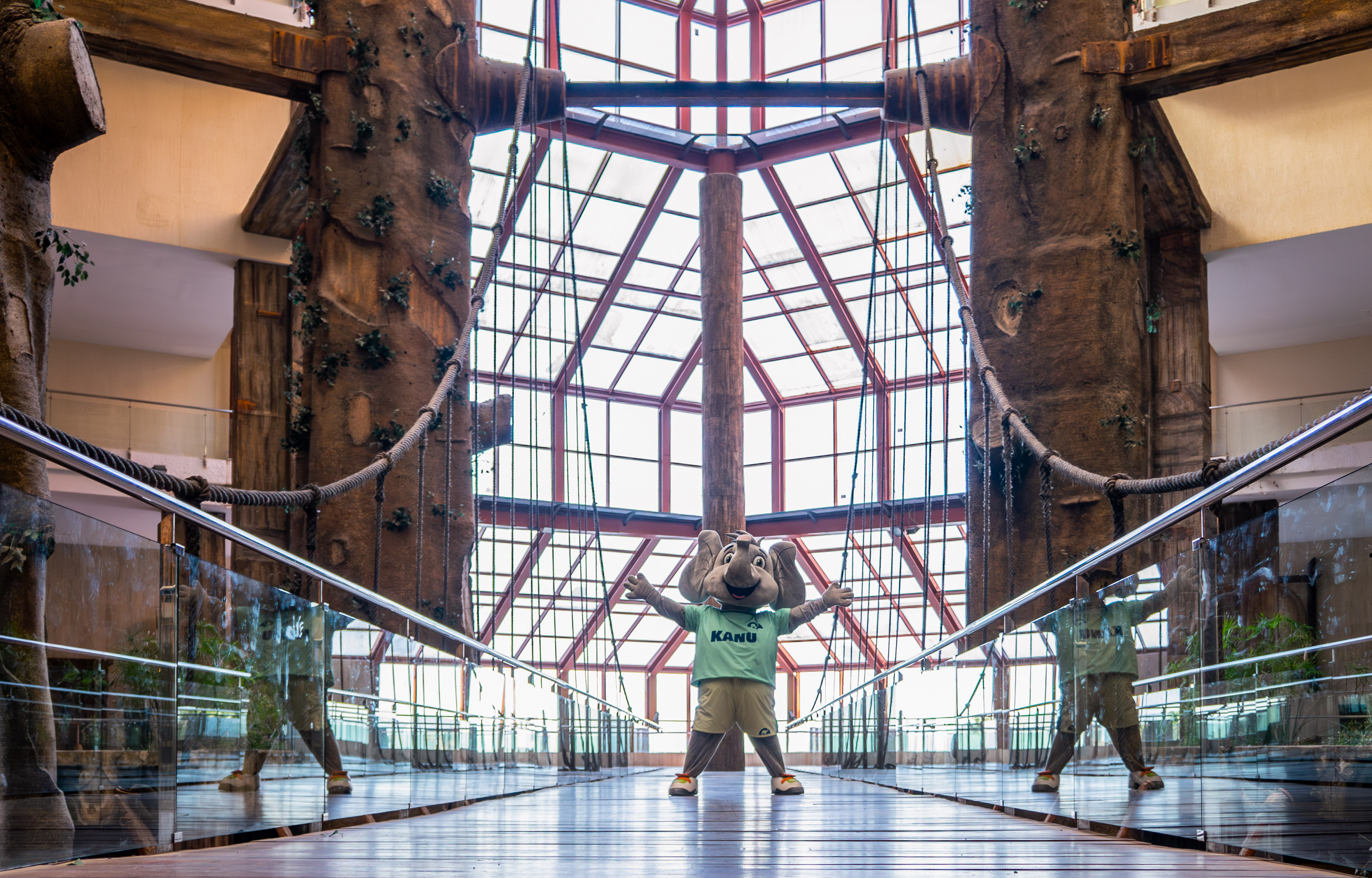 a person in an elephant garment standing in a glass room with trees