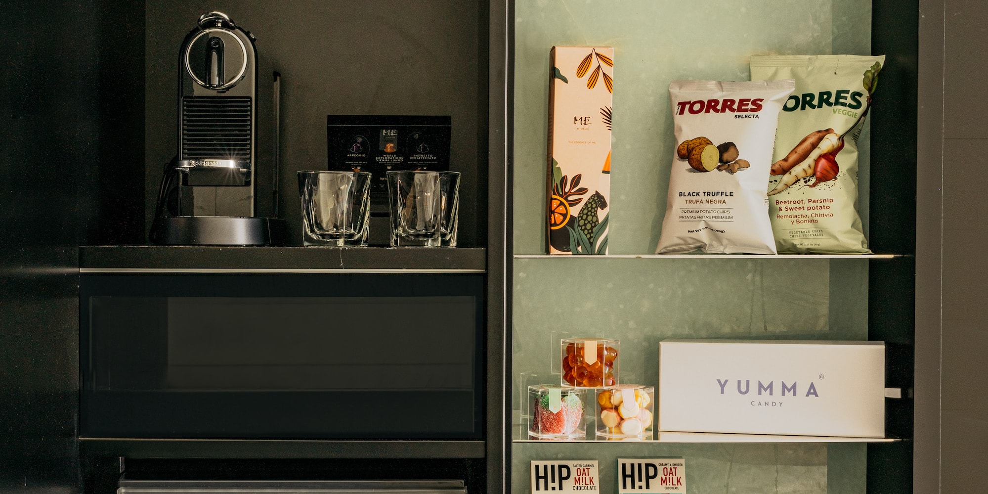 a shelf with food and drinks on it