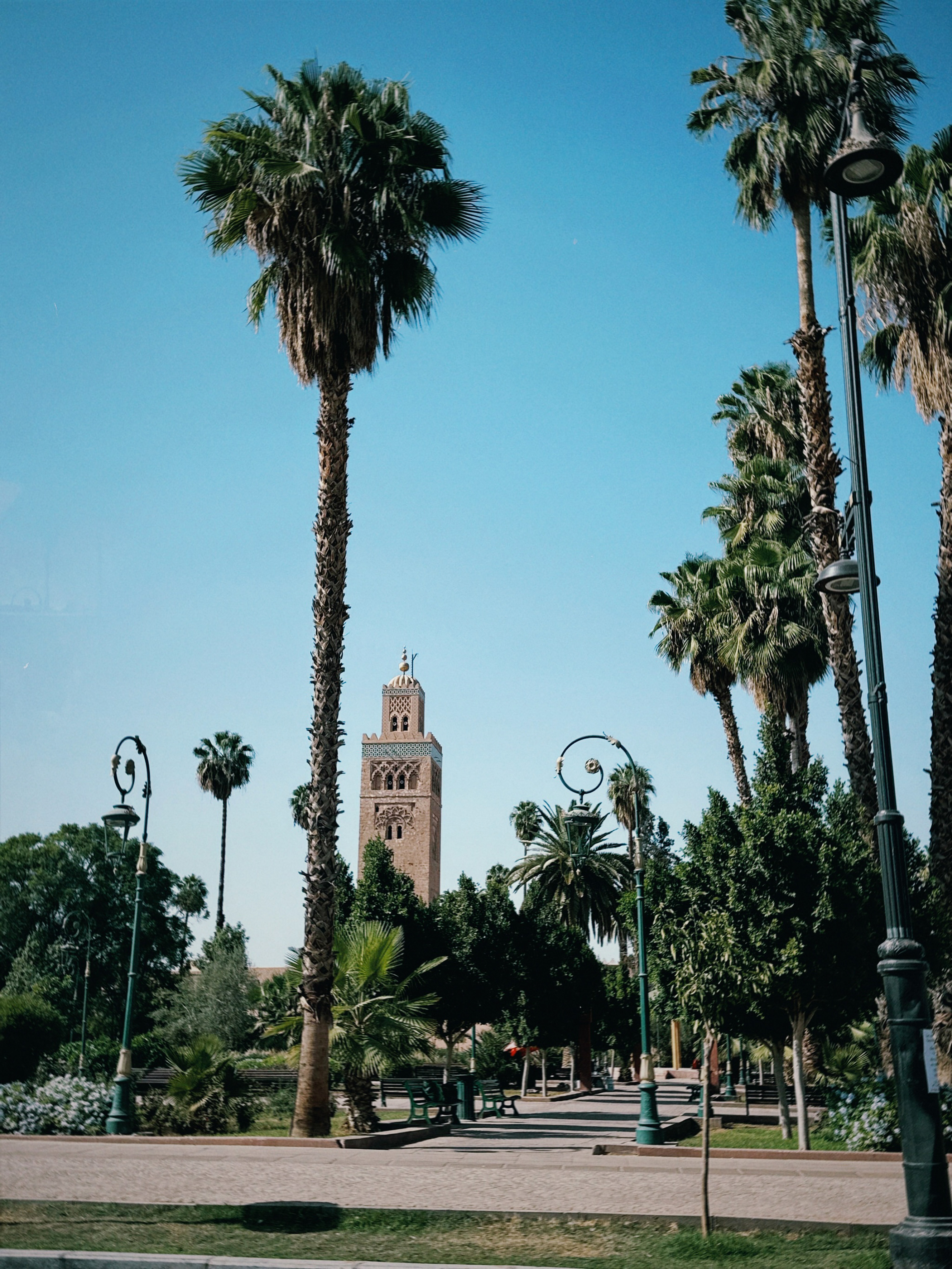 Koutoubia Mosque minaret and palm trees against a blue sky in Marrakech.