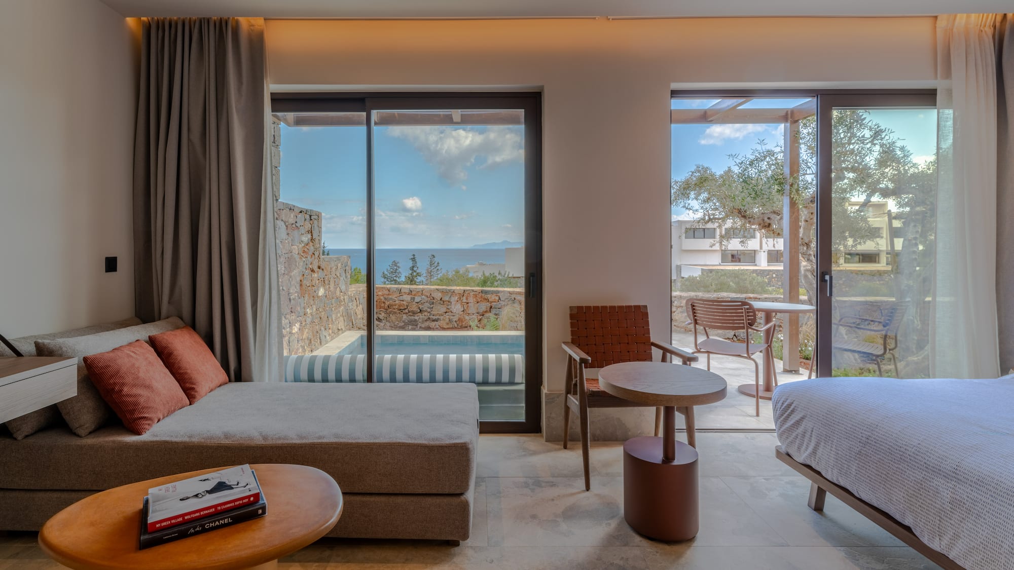 a room with a bed and a table