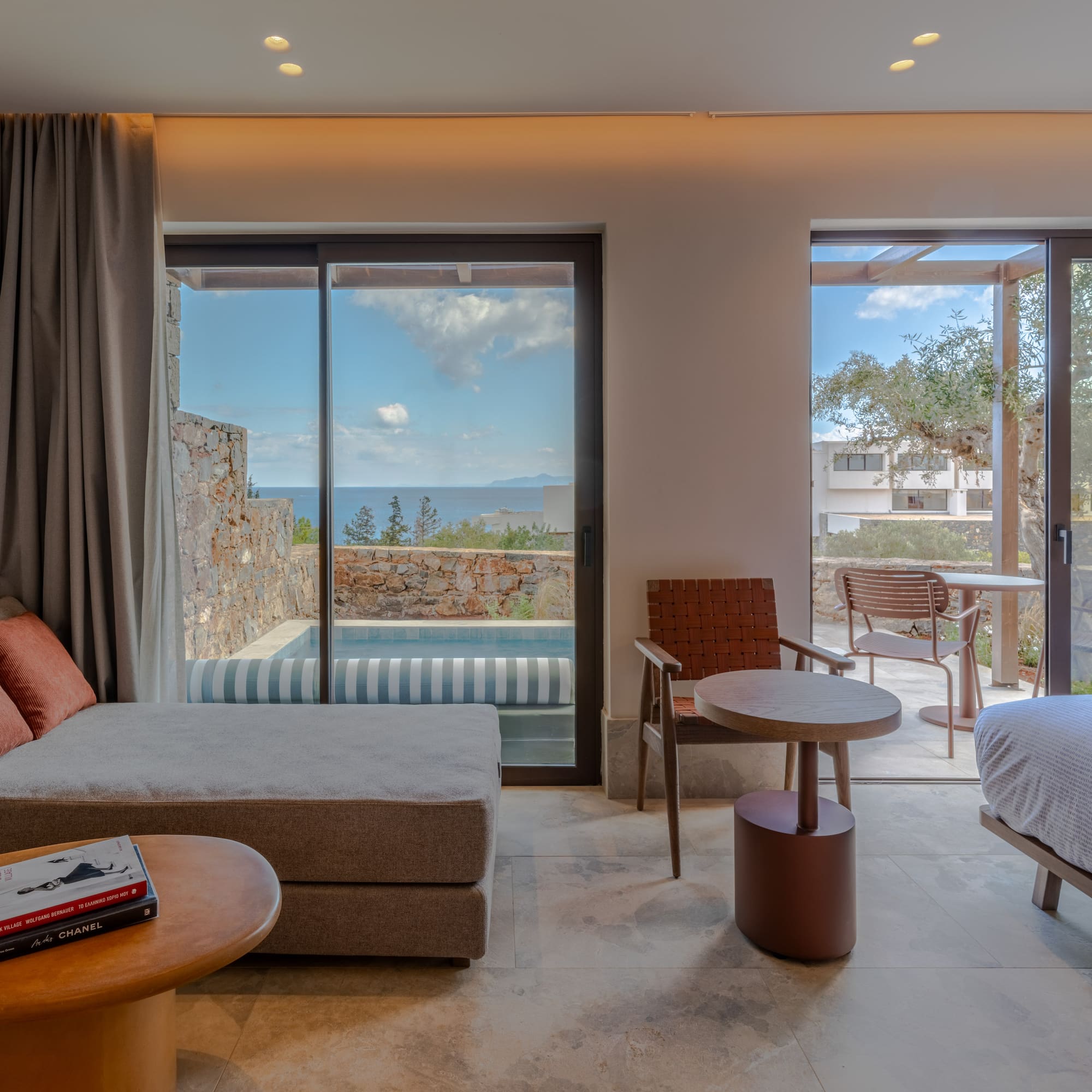 a room with a bed and a table