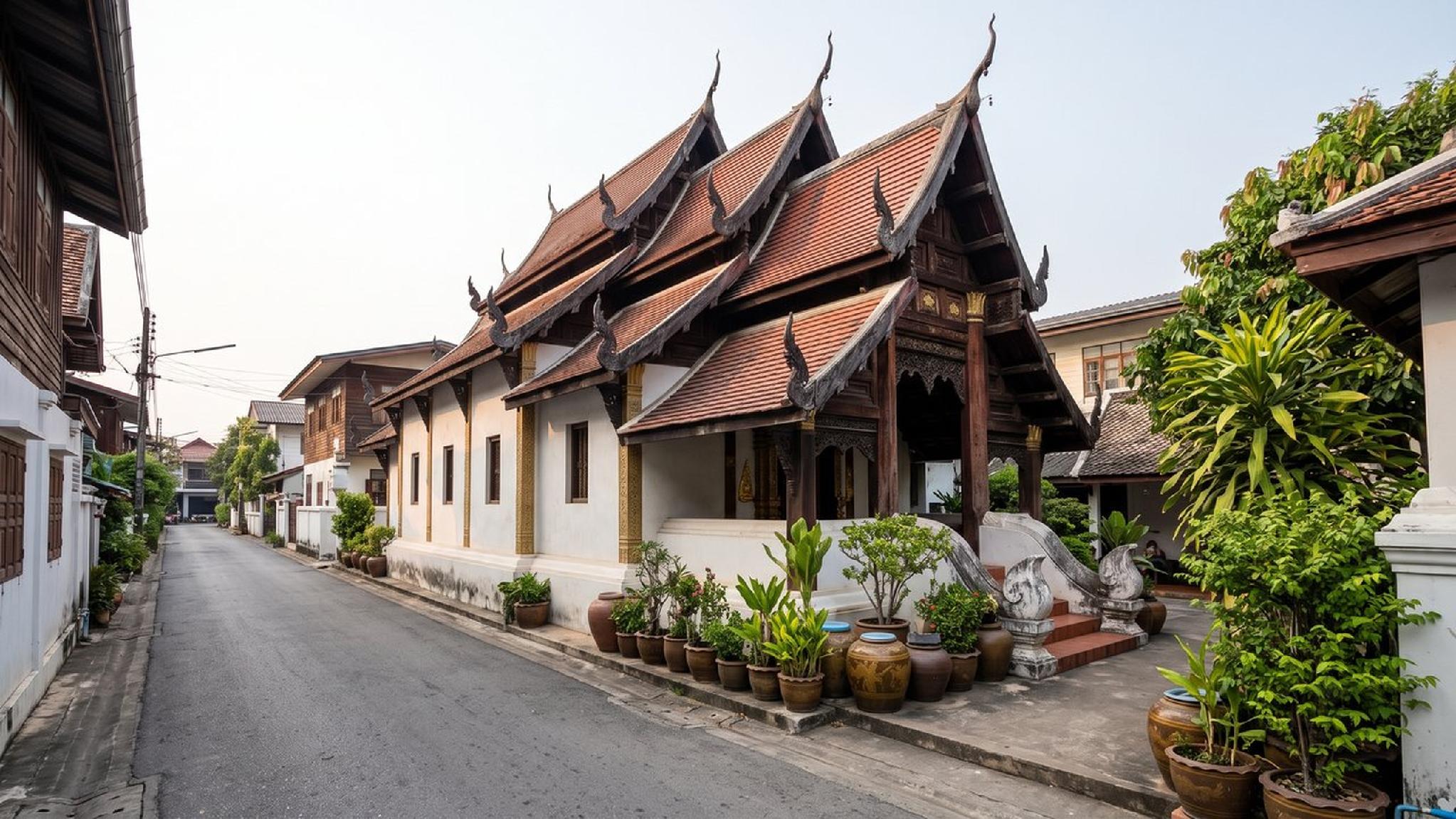 Ornate Thai temple with tiled roof and white walls on a quiet street.