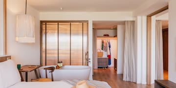 a room with a bed and a bathtub