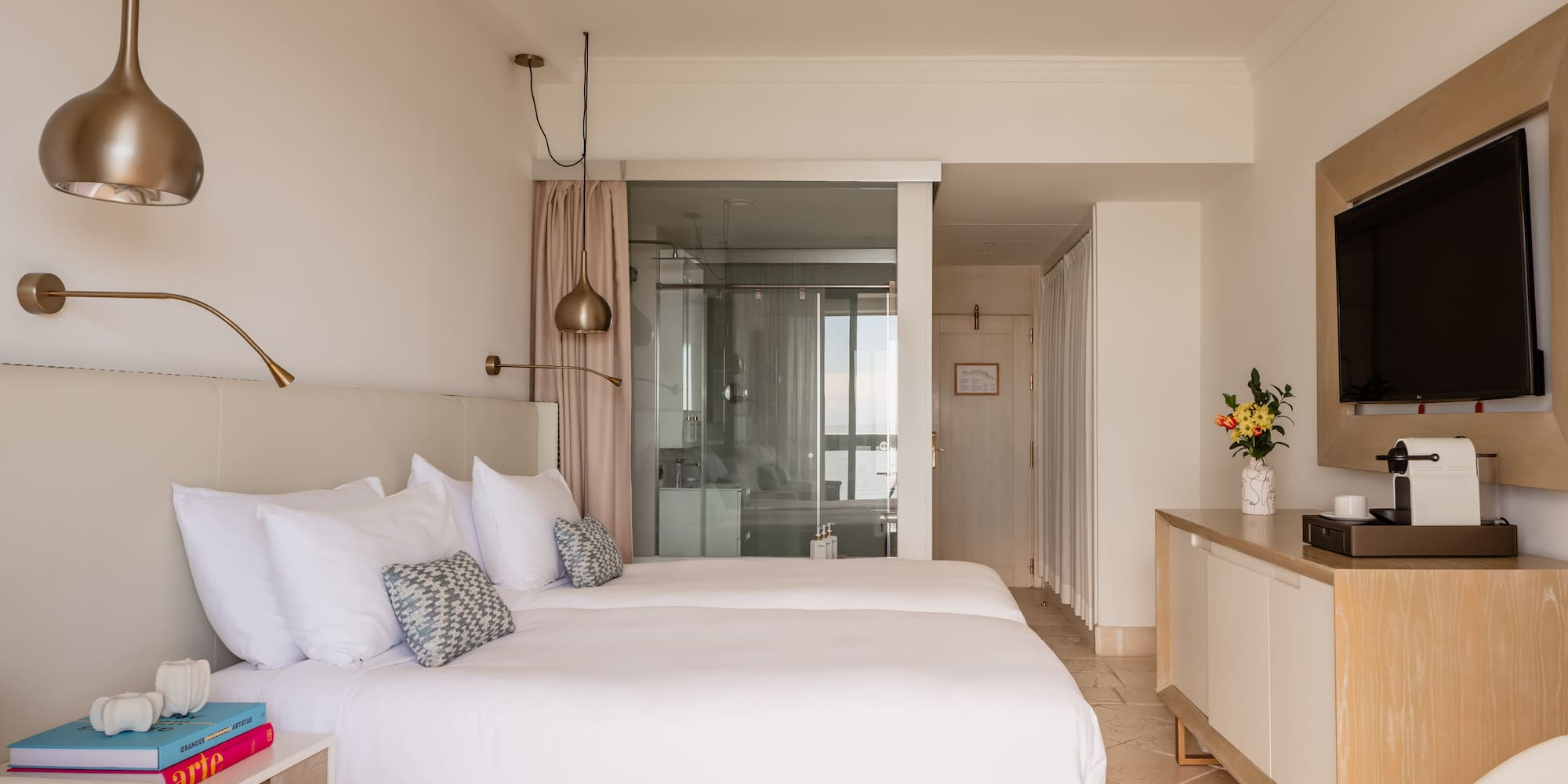 a bedroom with two beds