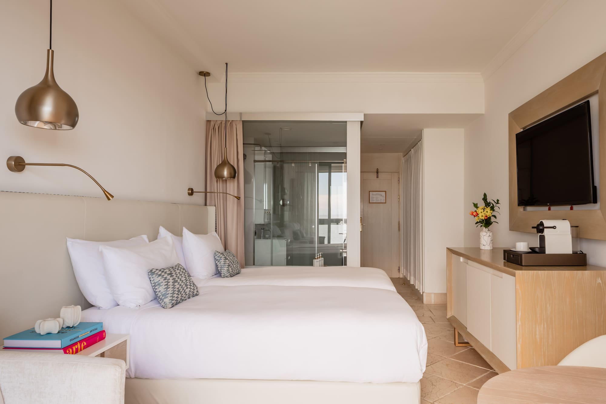 a bedroom with two beds