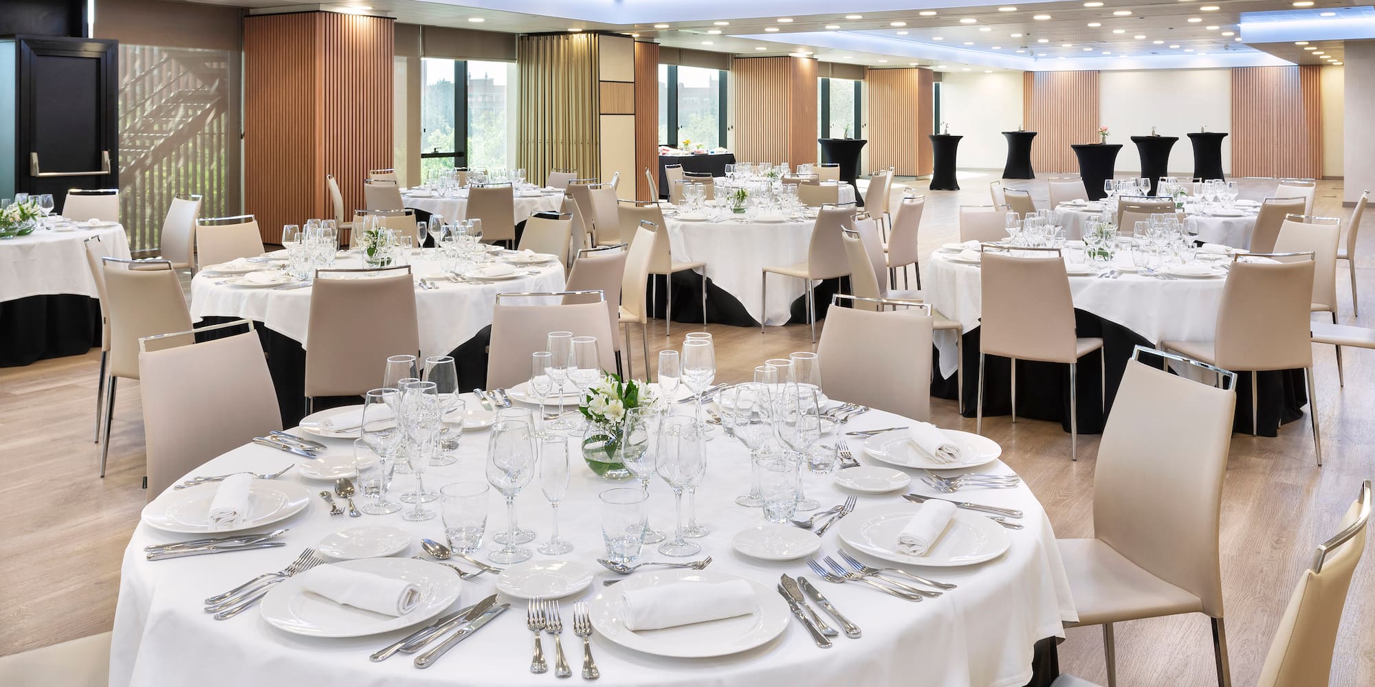 a room with tables and chairs