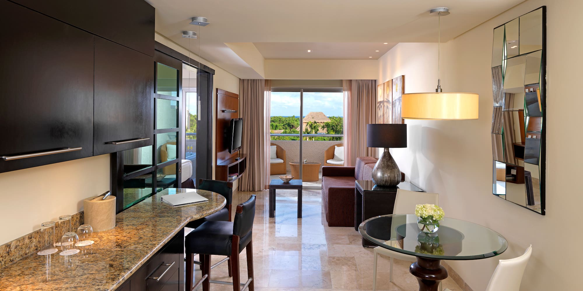 a room with a table and chairs