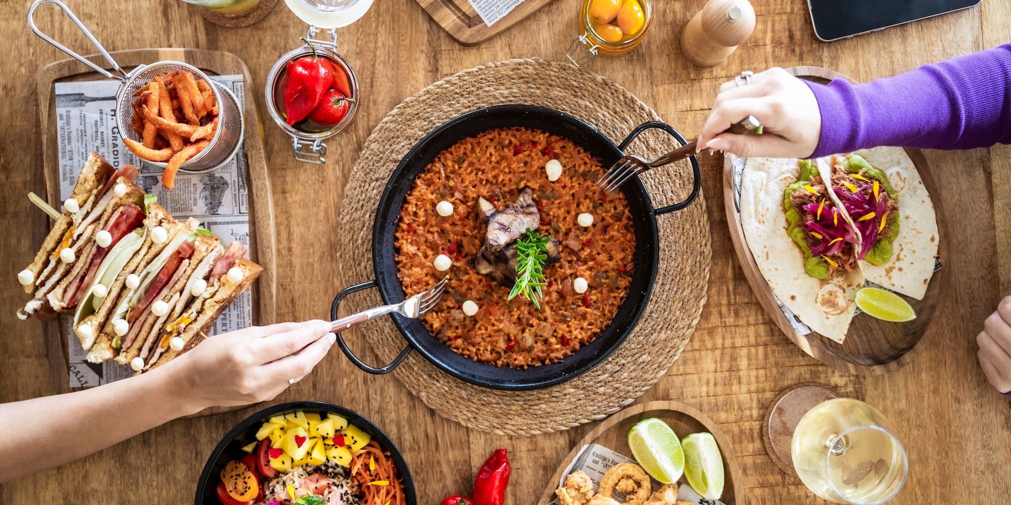 a table with food and drinks
