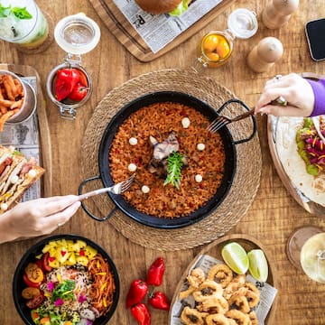 a table with food and drinks