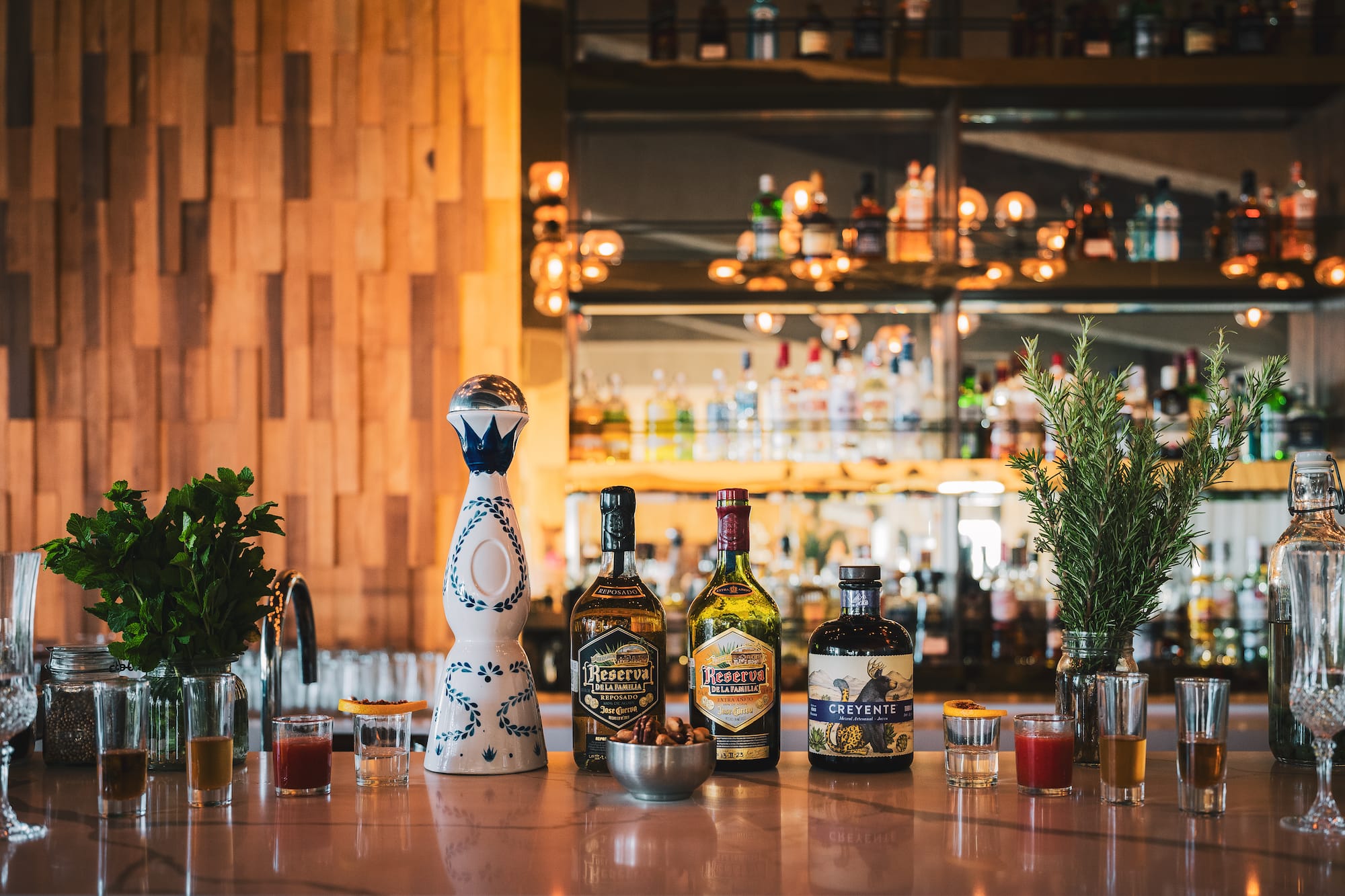 Premium tequila, mezcal bottles, shots, and fresh garnishes on a bar.