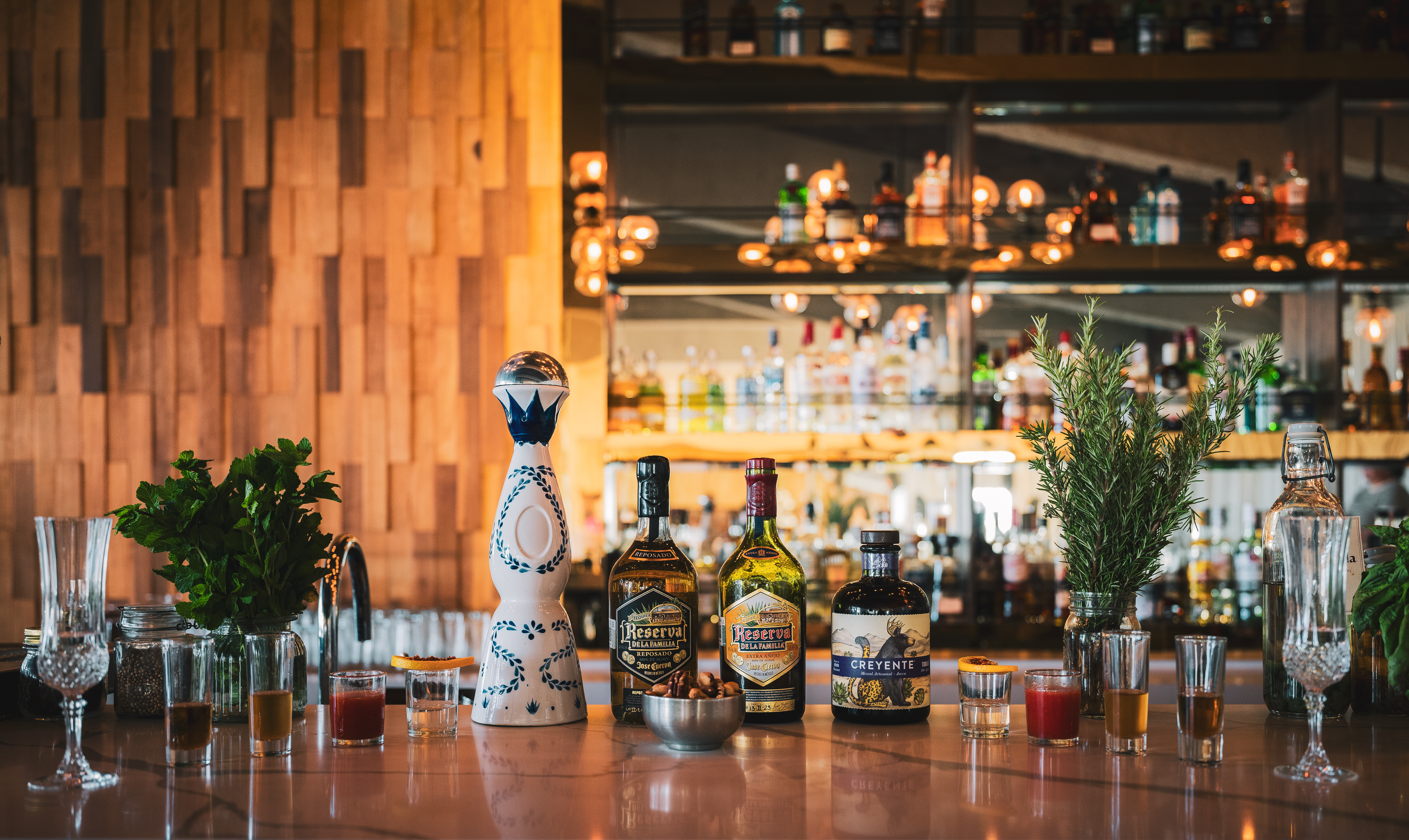 Premium tequila, mezcal bottles, shots, and fresh garnishes on a bar.