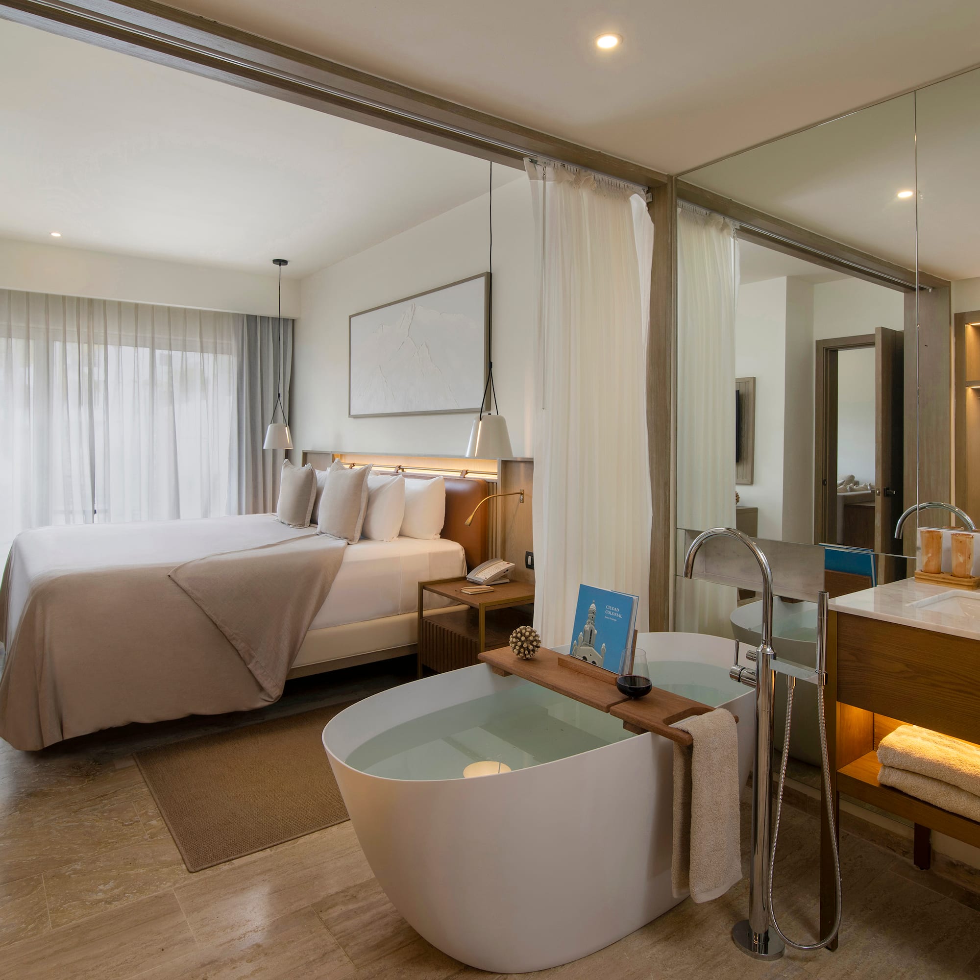 a room with a bed and a bathtub