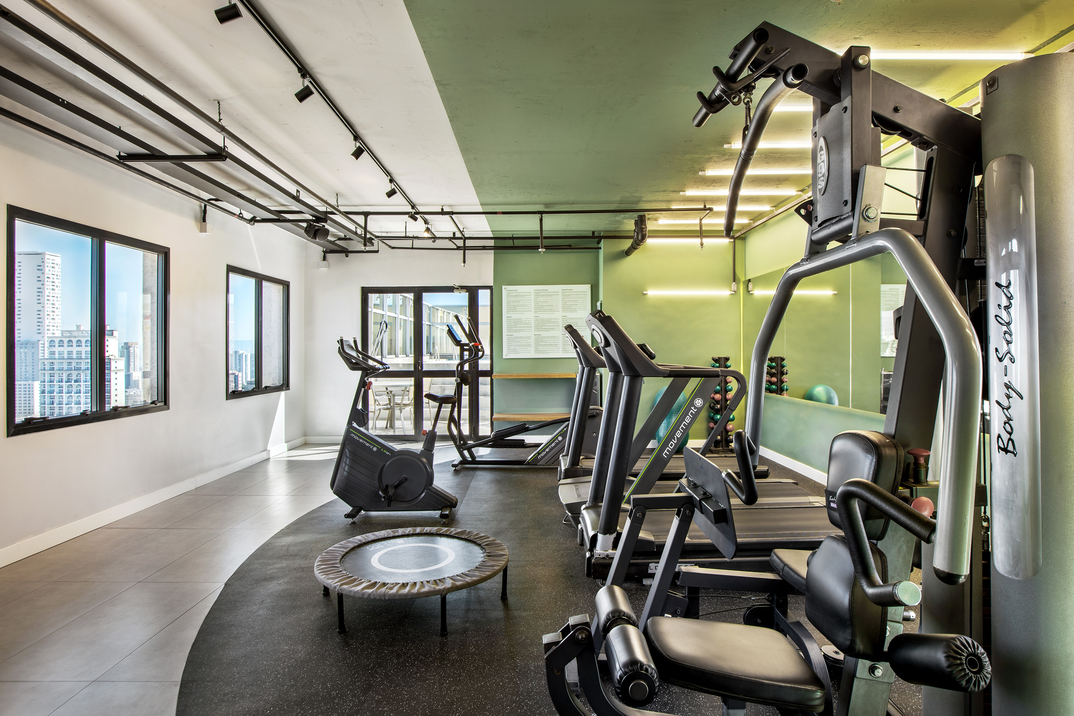 Modern fitness center with diverse gym equipment and city skyline views.