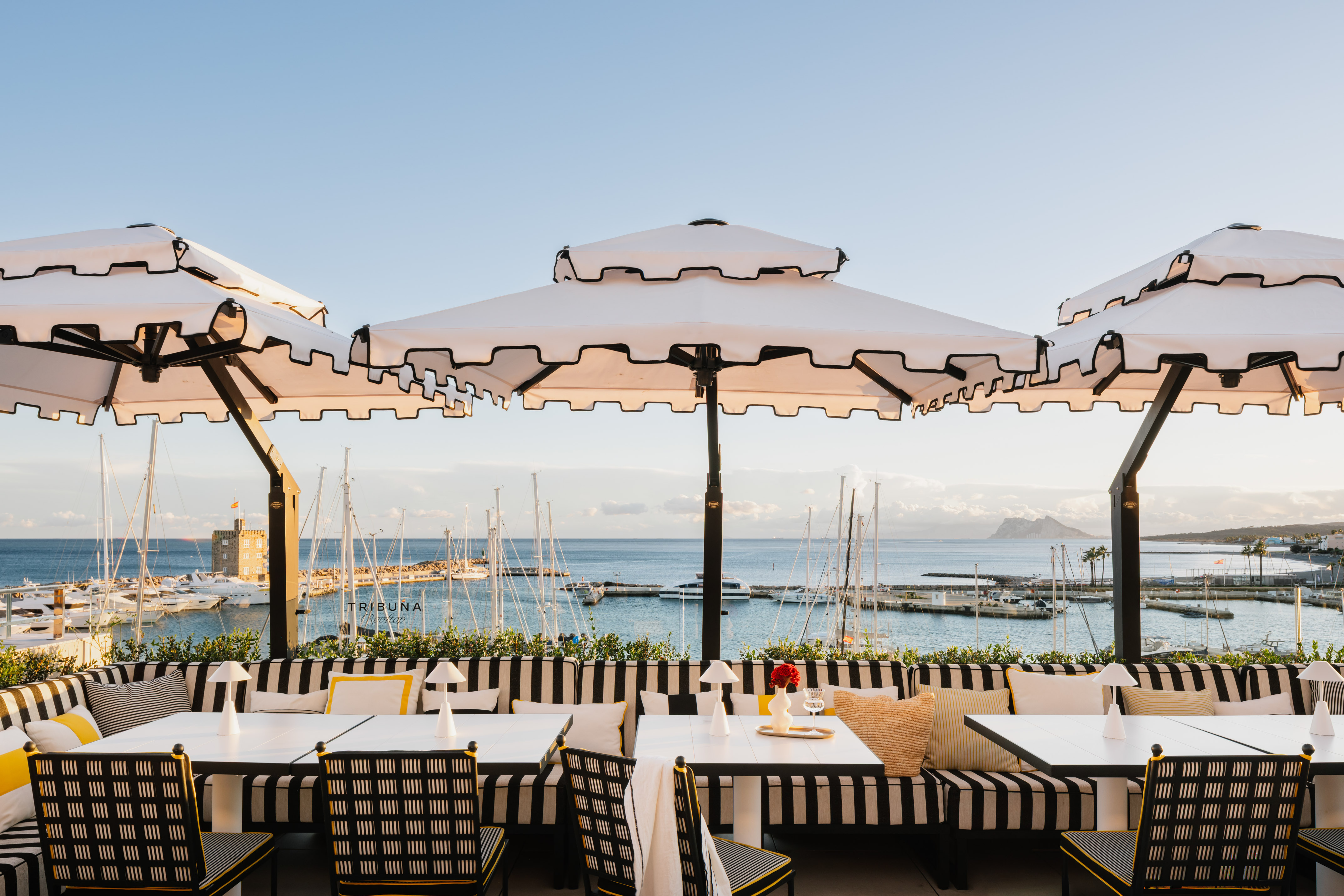 Chic outdoor restaurant terrace with marina view, striped seating, and scalloped umbrellas.