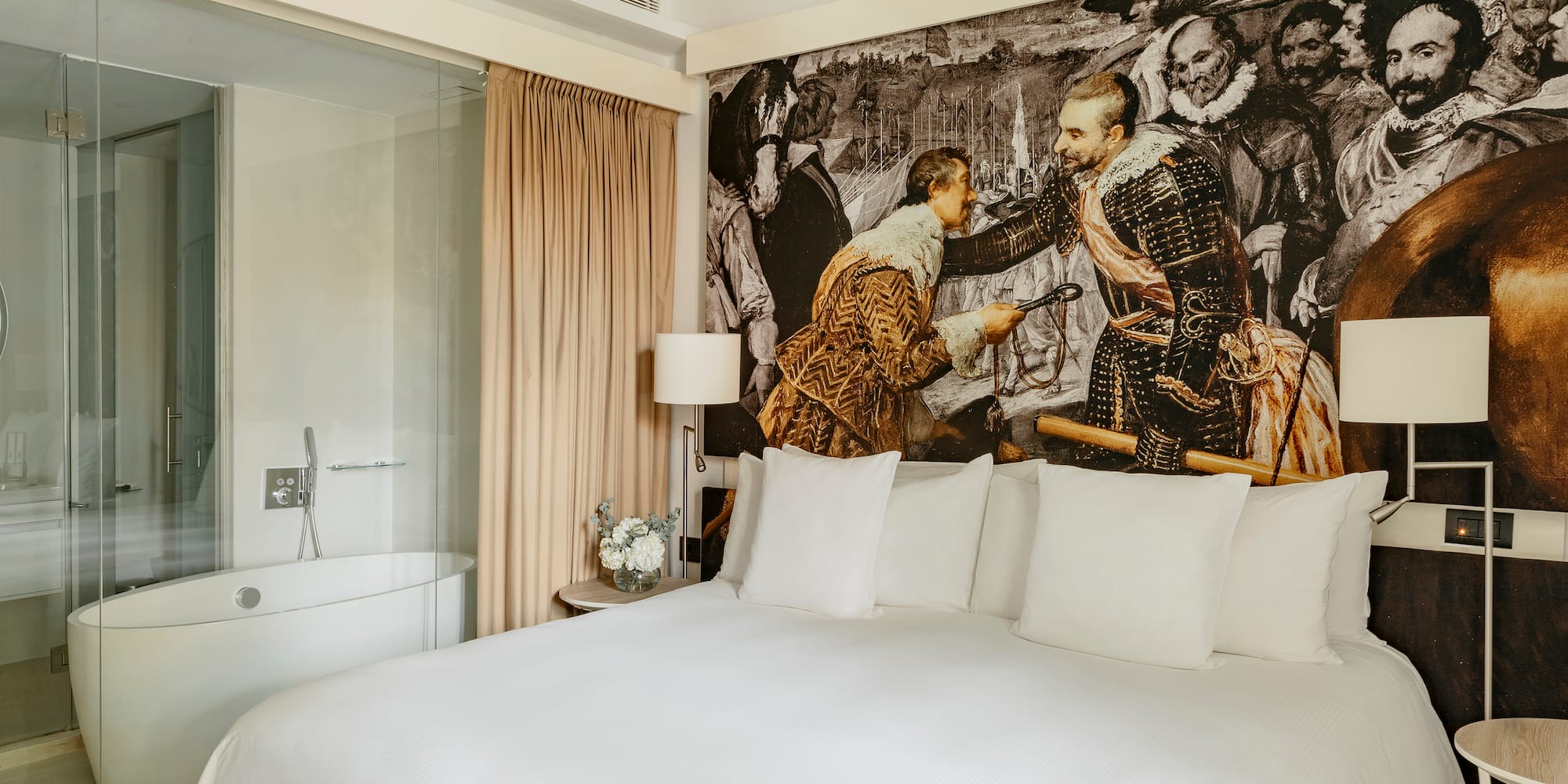 a bed with a picture of men on it