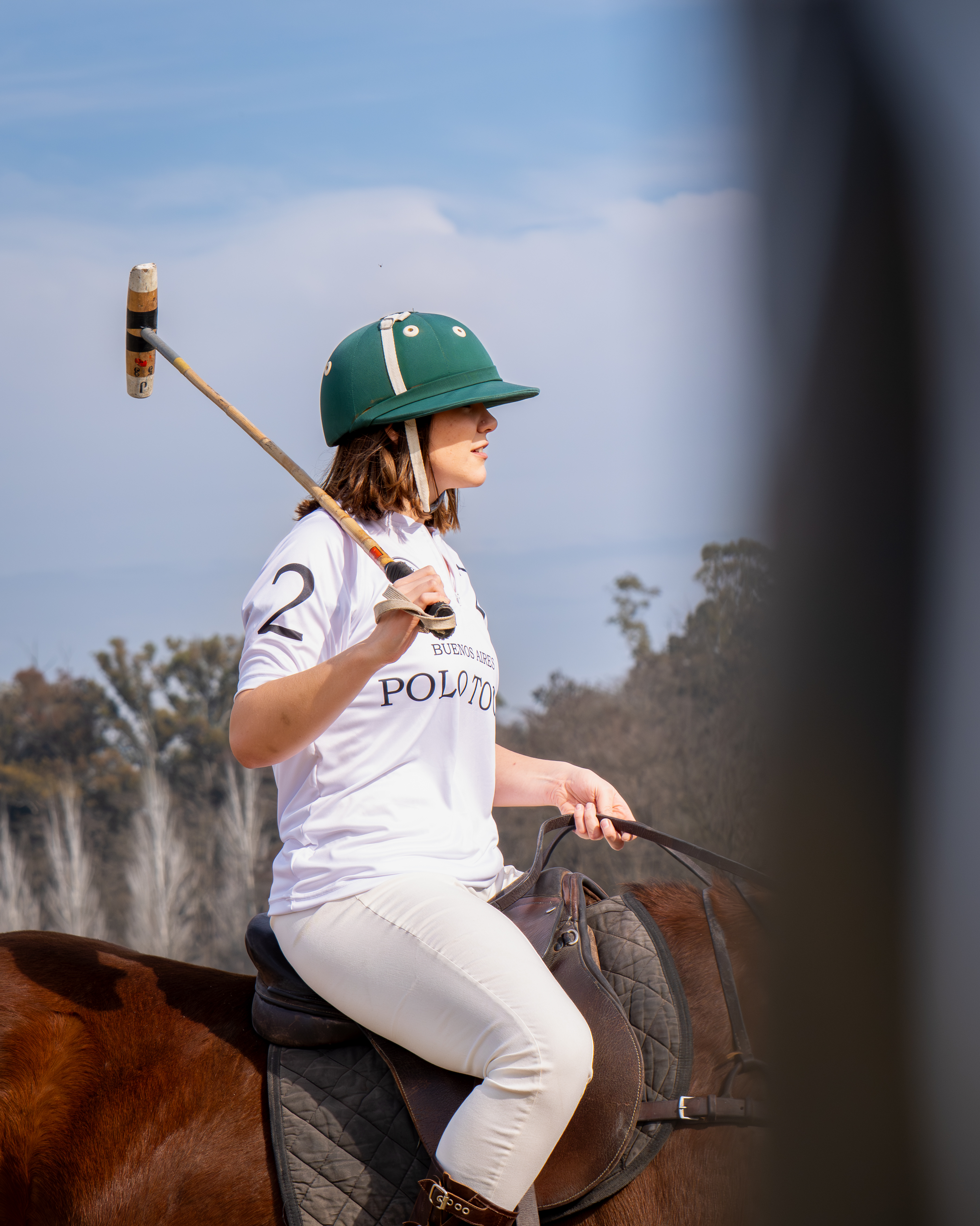 a woman wearing a helmet and holding a mallet on a horse