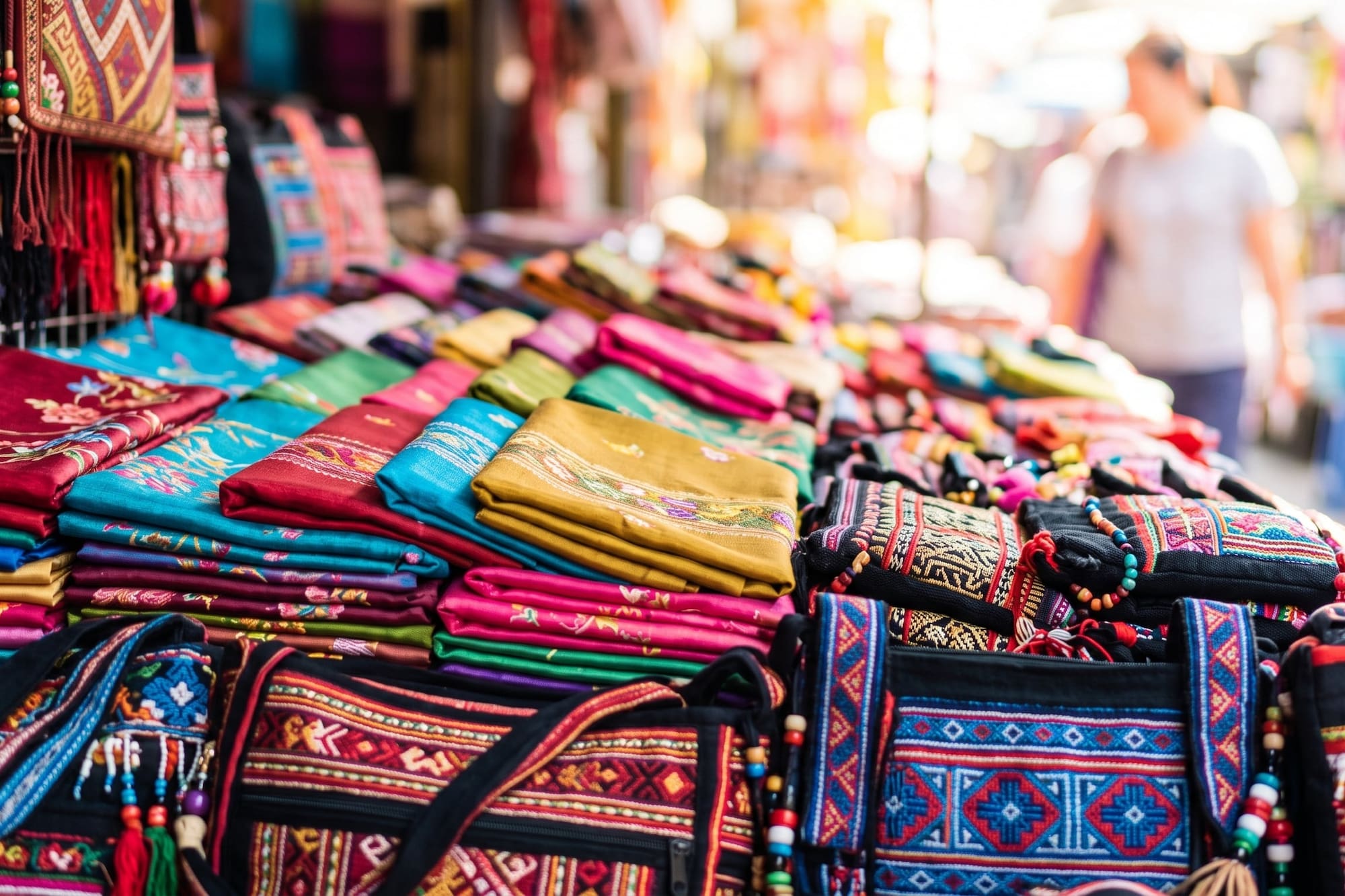 Vibrant market stall with stacked traditional fabrics and embroidered bags.