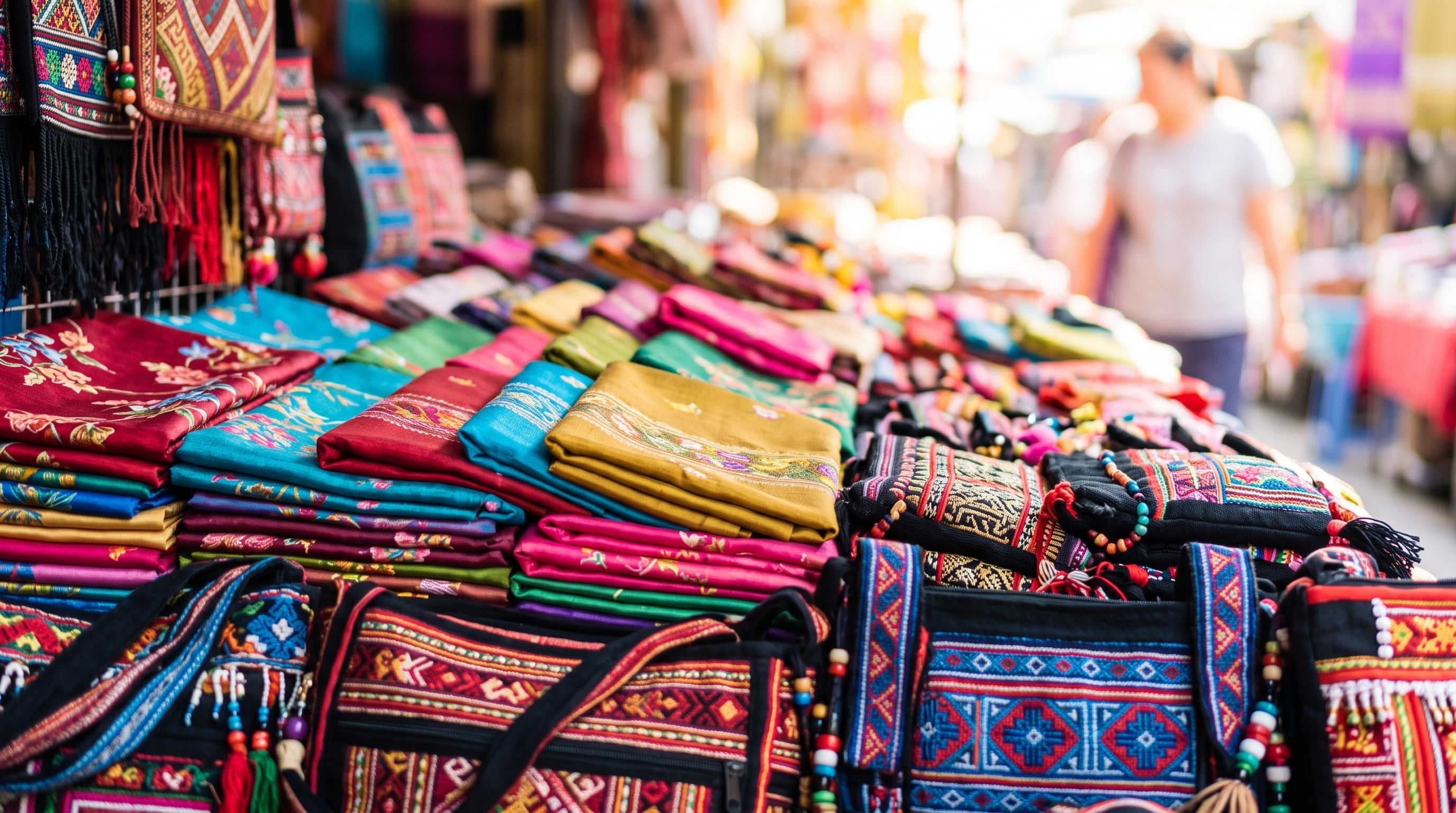 Vibrant market stall with stacked traditional fabrics and embroidered bags.