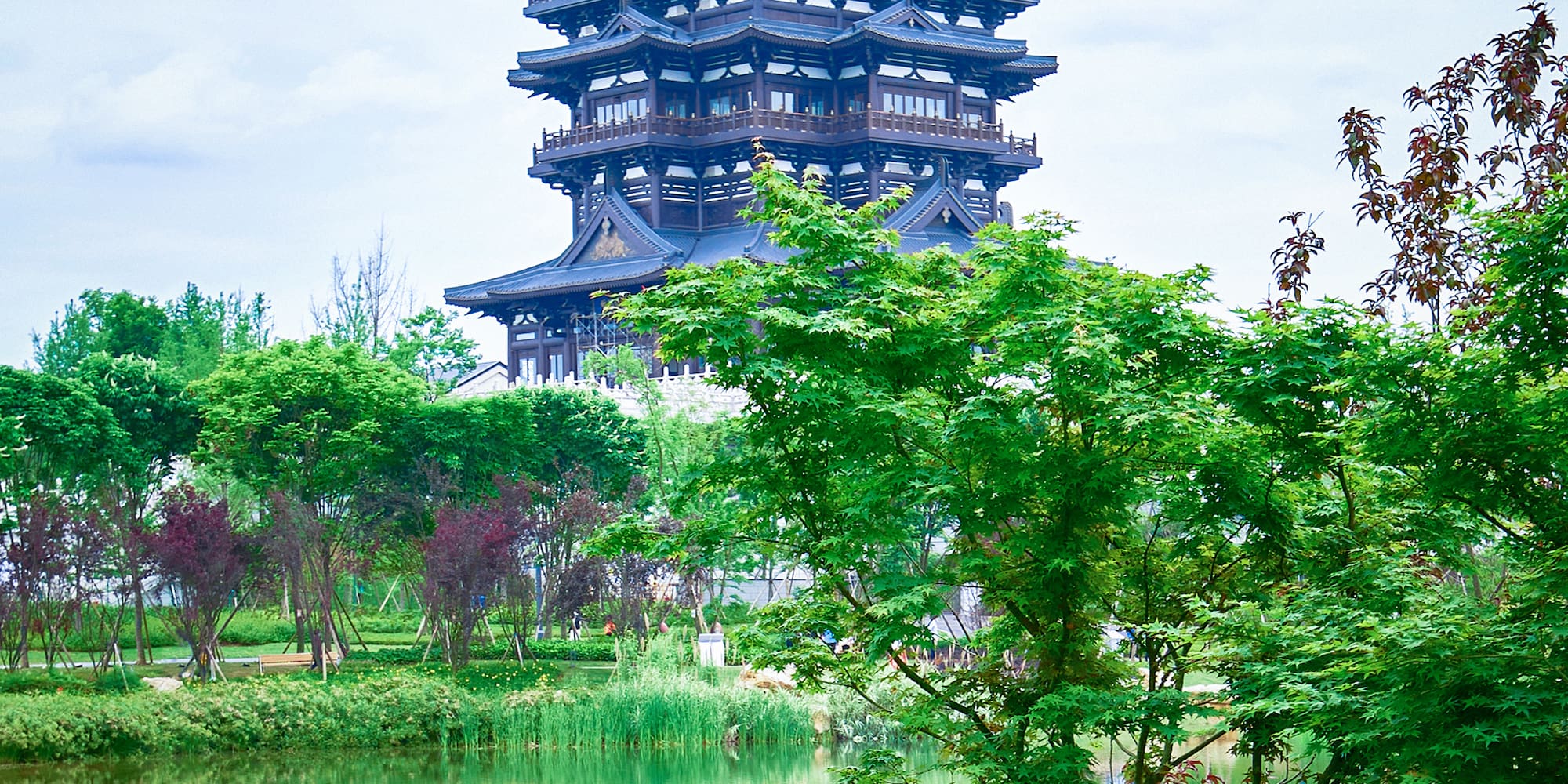 Himeji Castle with a pond and trees
