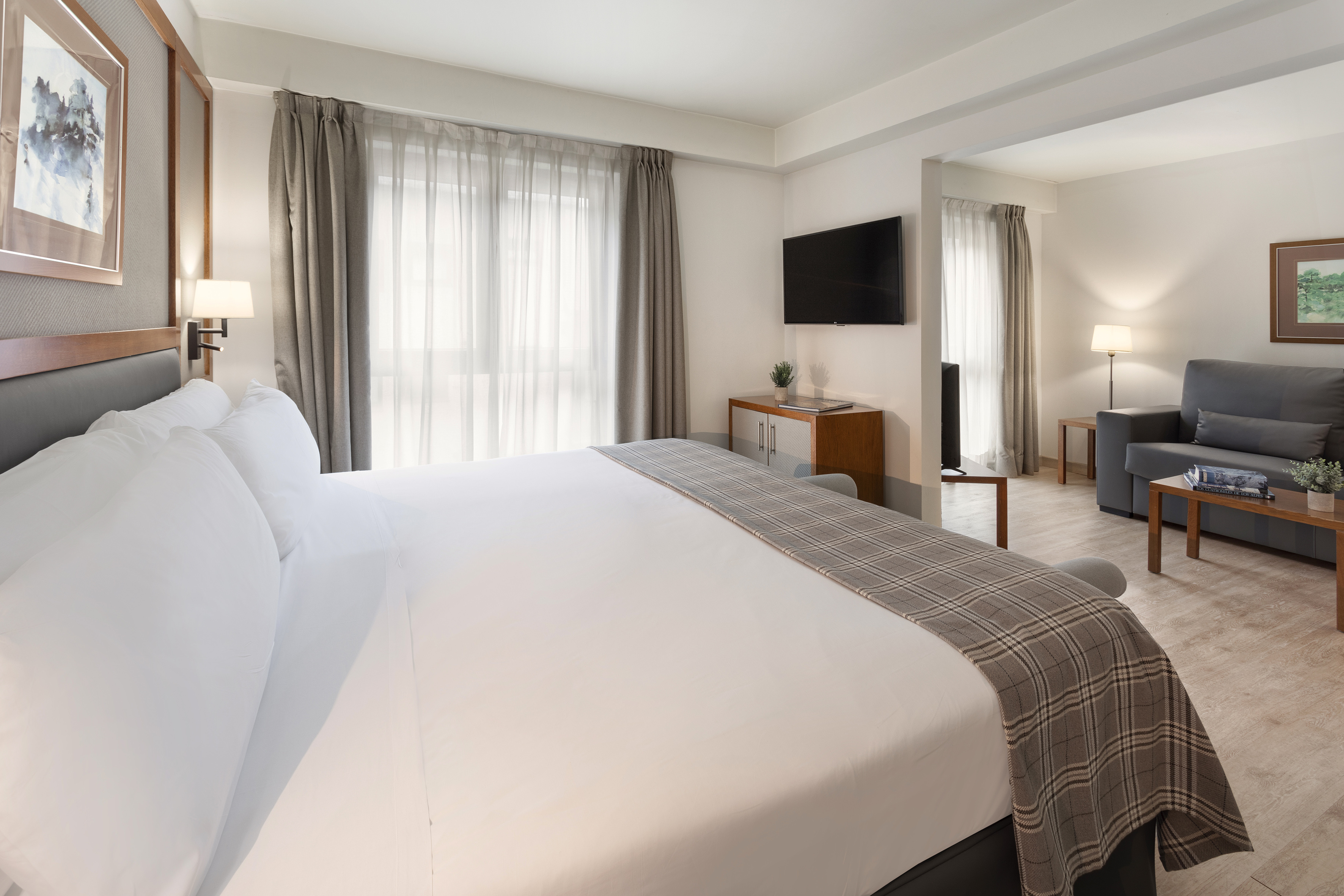 Spacious hotel room with comfortable bed, TV, and separate living area with sofa.