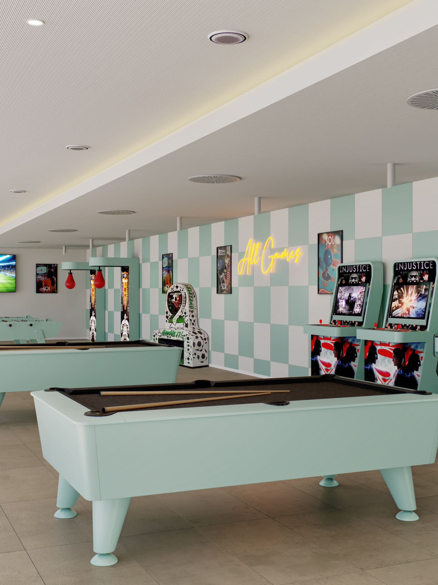 Modern game room with pool tables, arcade machines, foosball, and checkered walls.