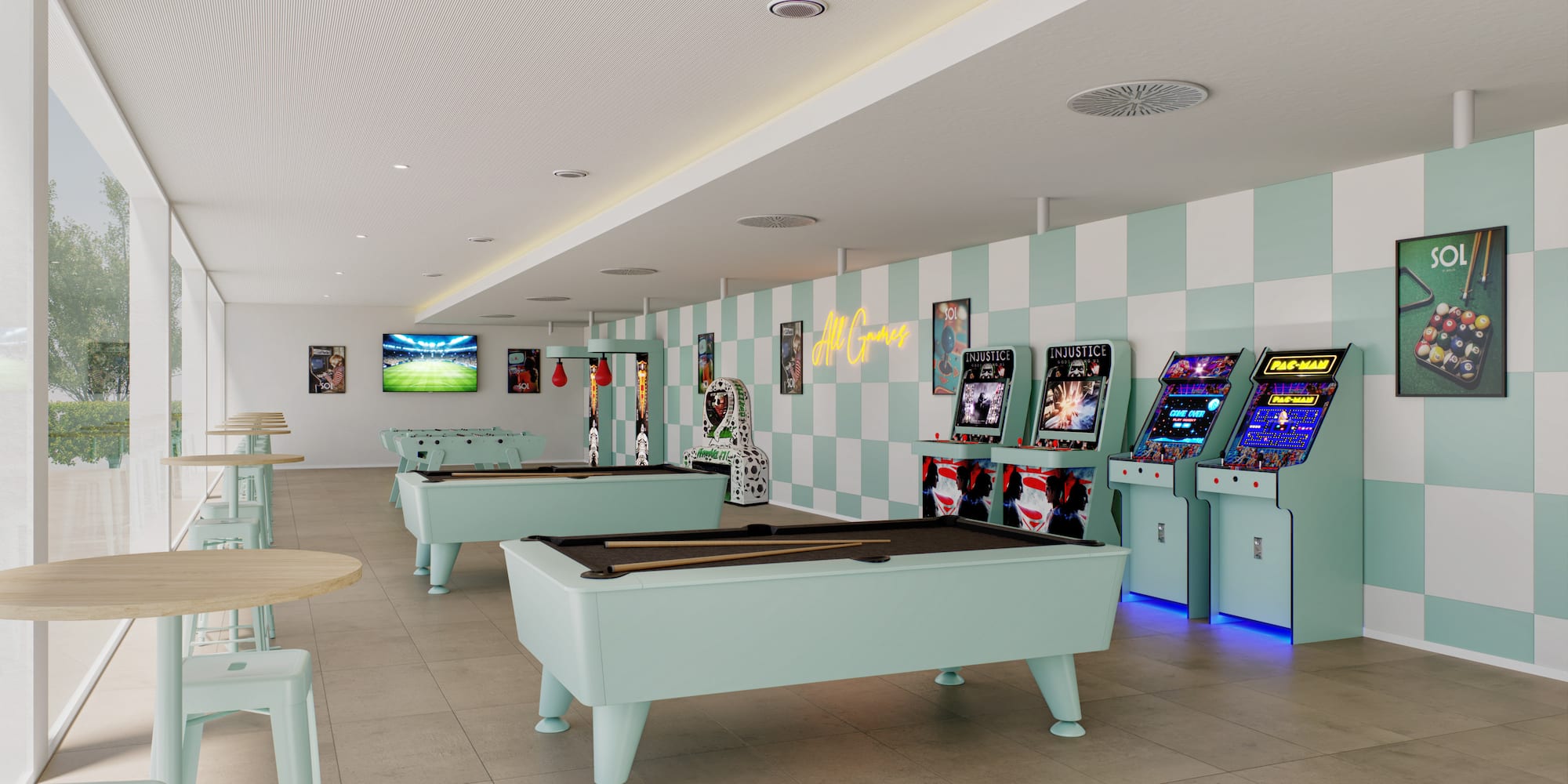 Recreation room with pool tables, arcade machines, foosball, and checkered walls.
