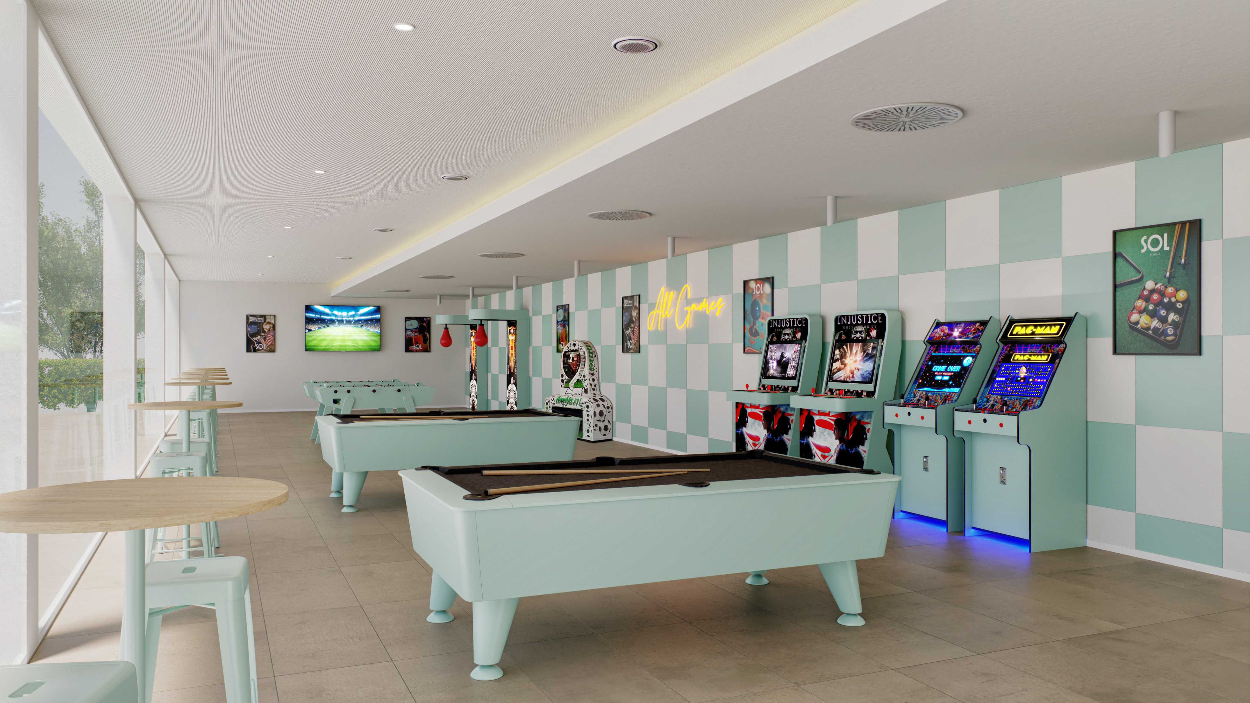 Modern game room with pool tables, arcade machines, foosball, and checkered walls.