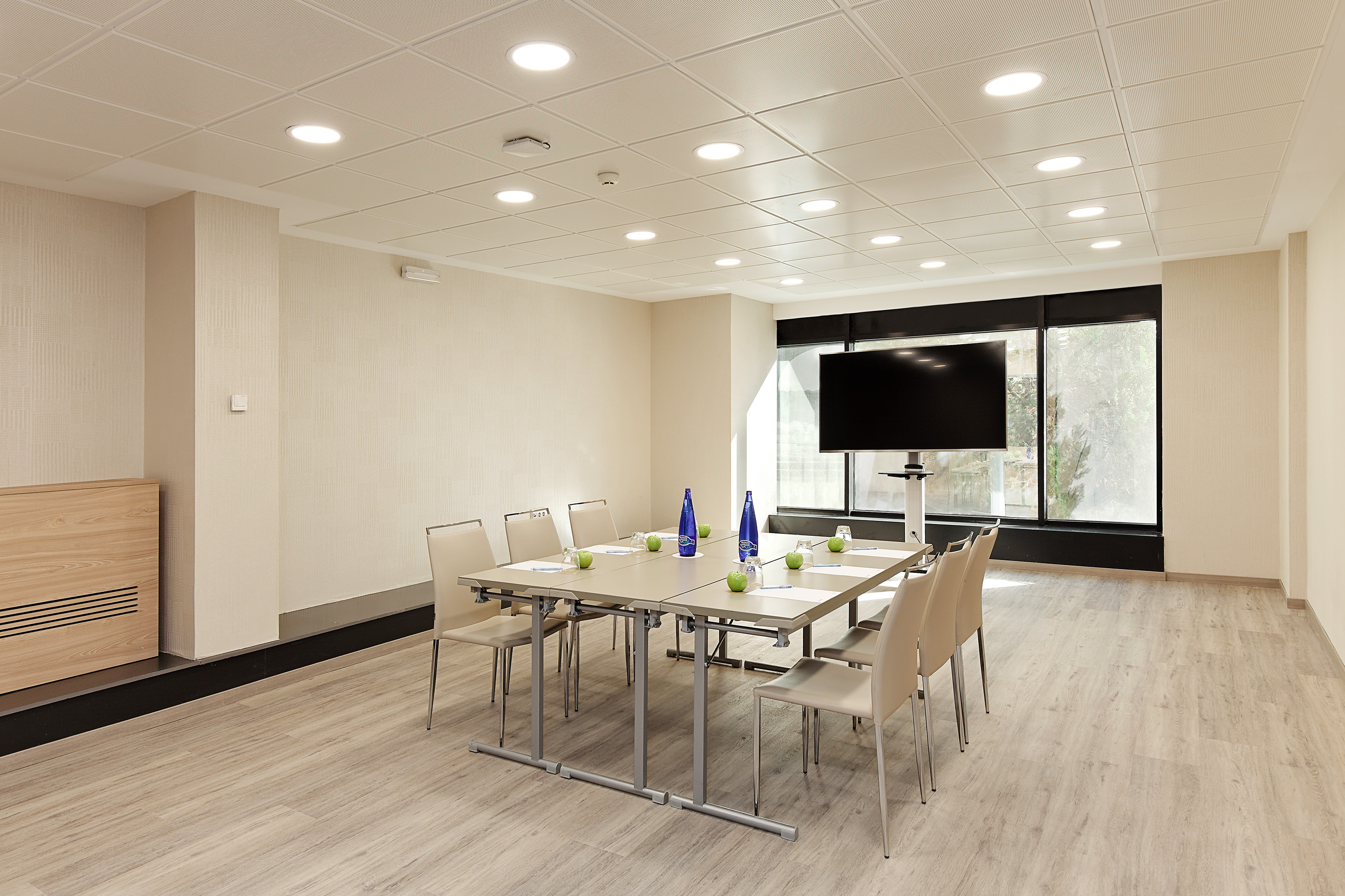Modern meeting room with long table, chairs, TV screen, and large bright windows.