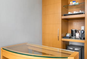 a desk with a glass top