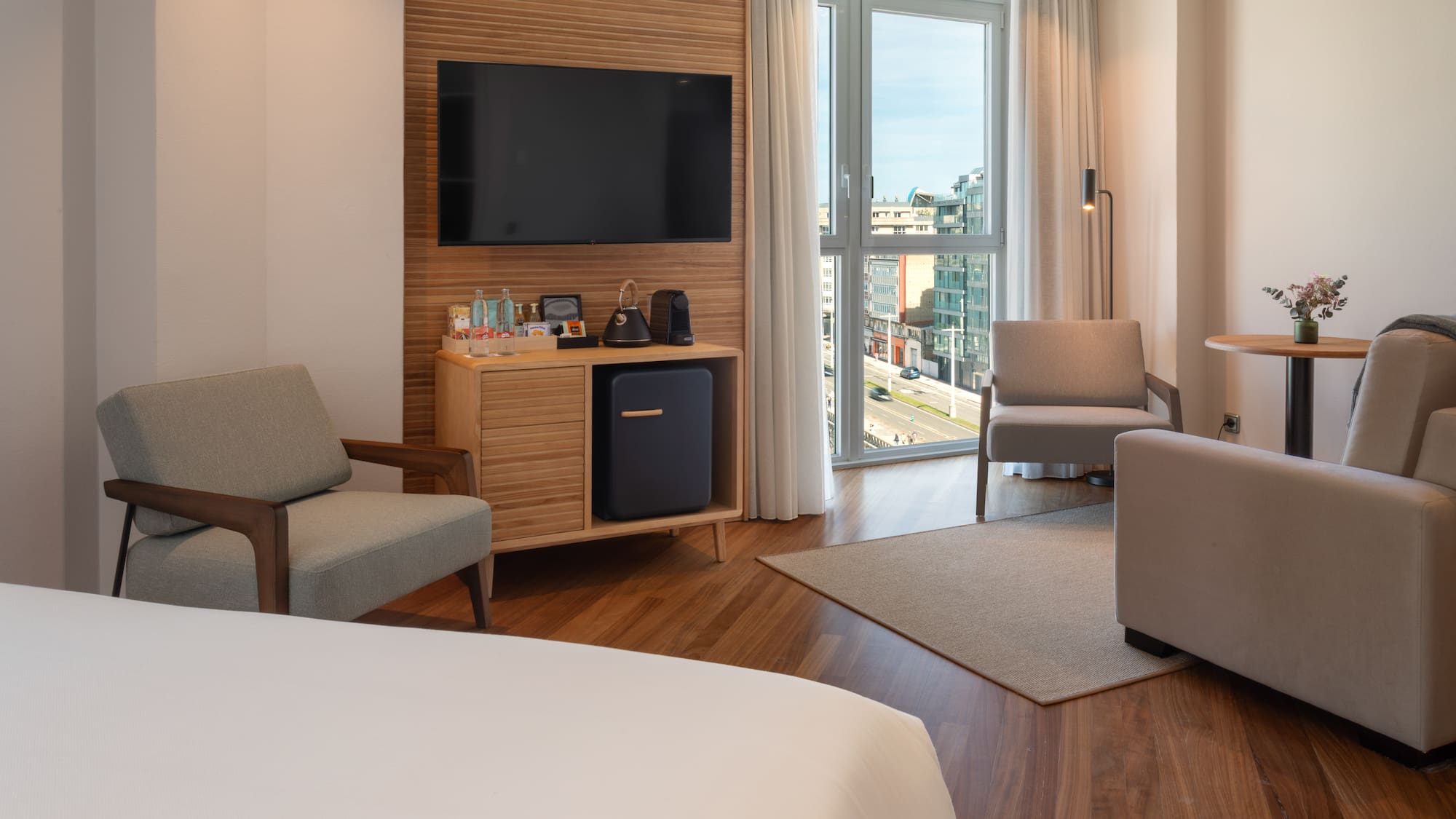 a room with a television and a table