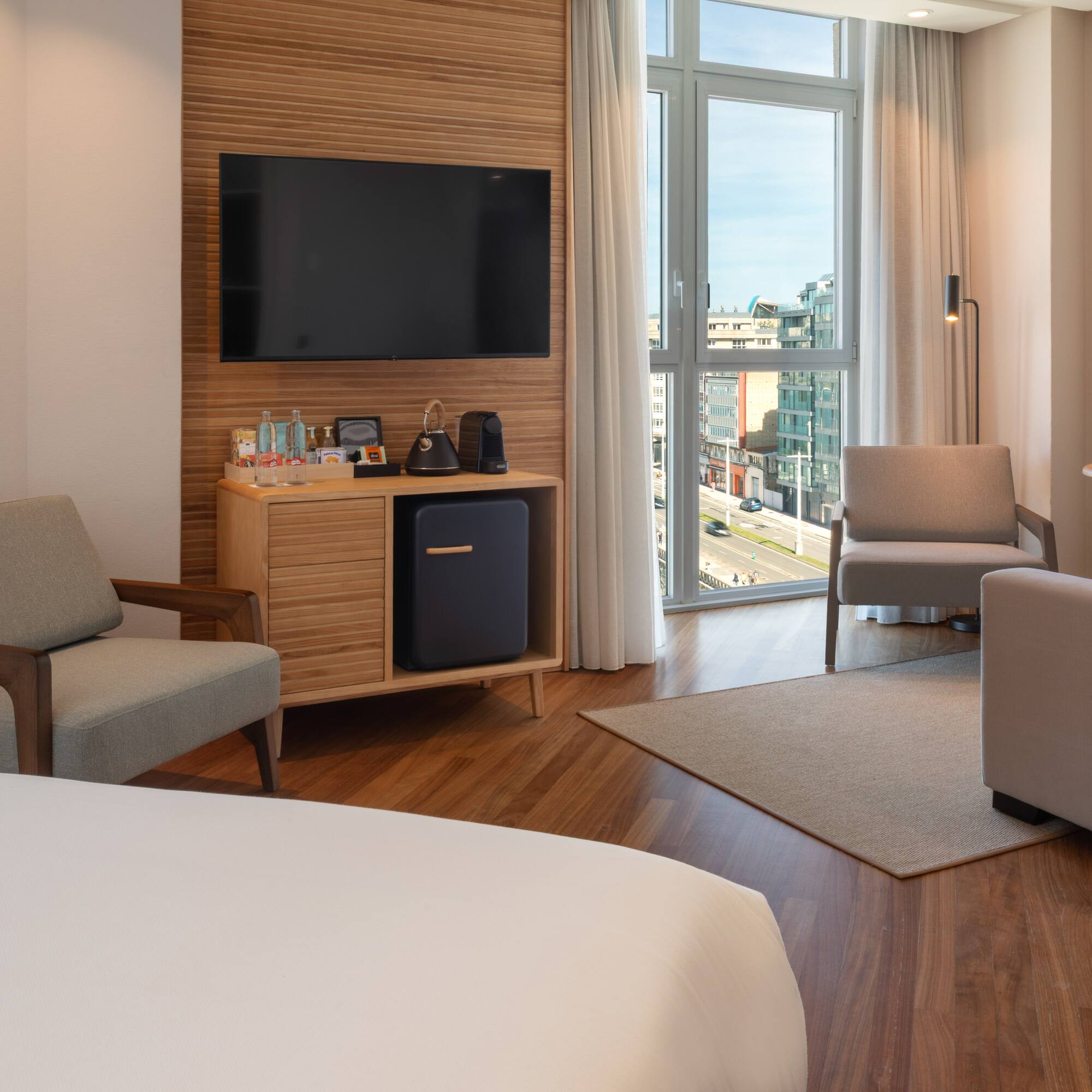 a room with a television and a table