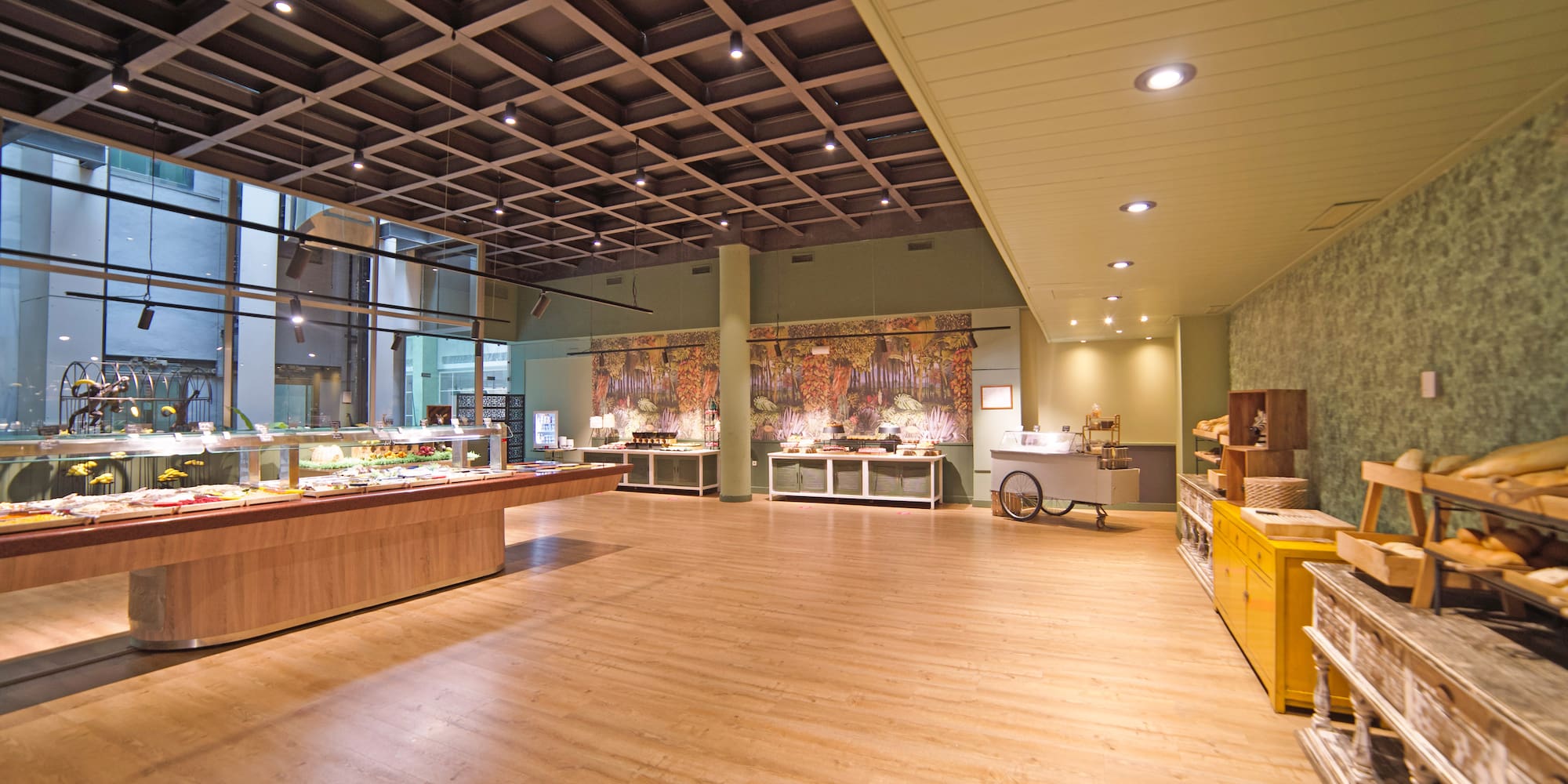 a room with food items on display