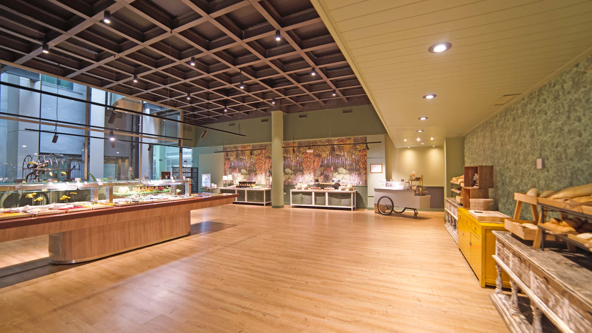 a room with food items on display