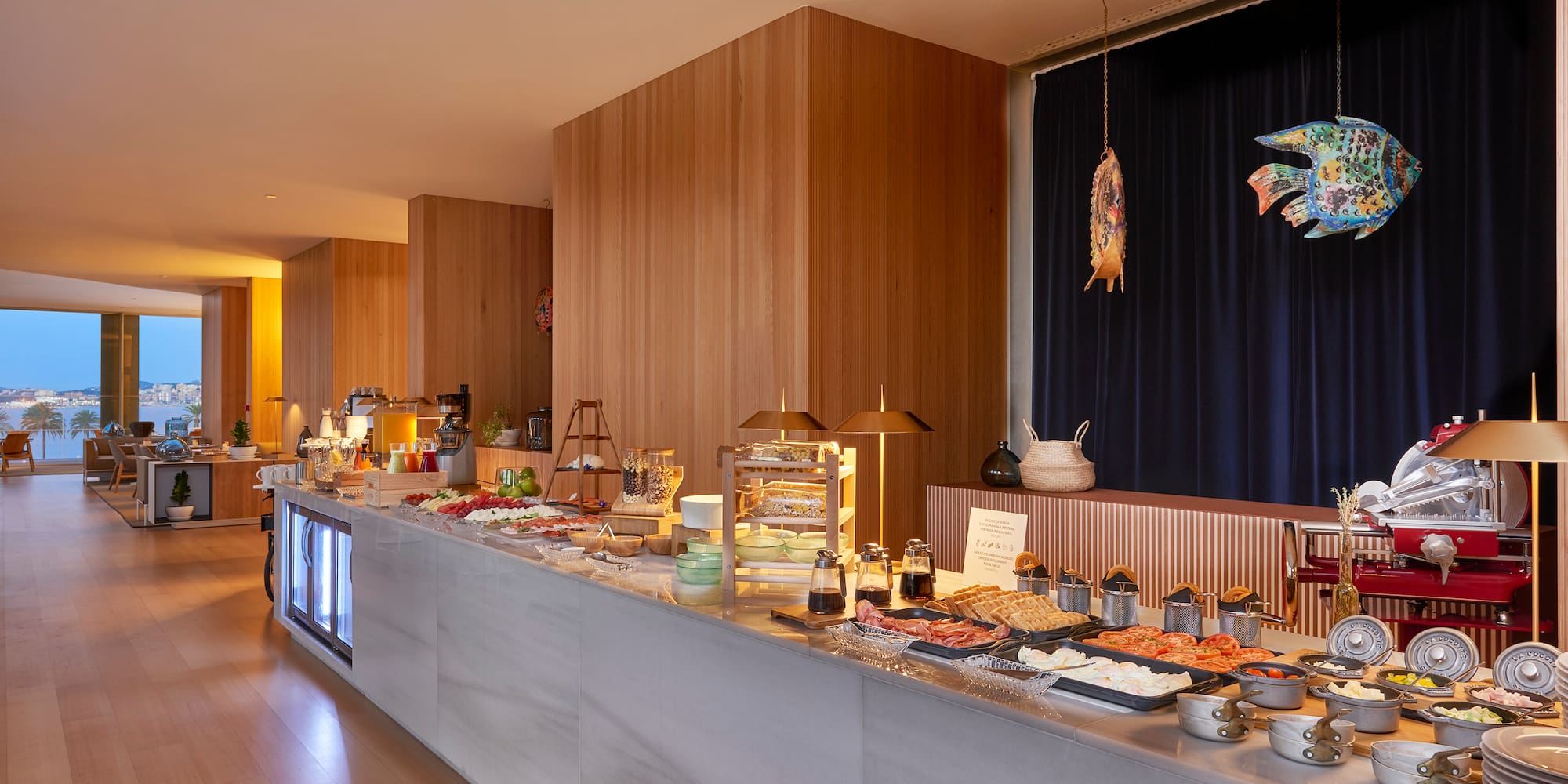 a buffet with food on it