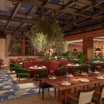 a restaurant with tables and chairs