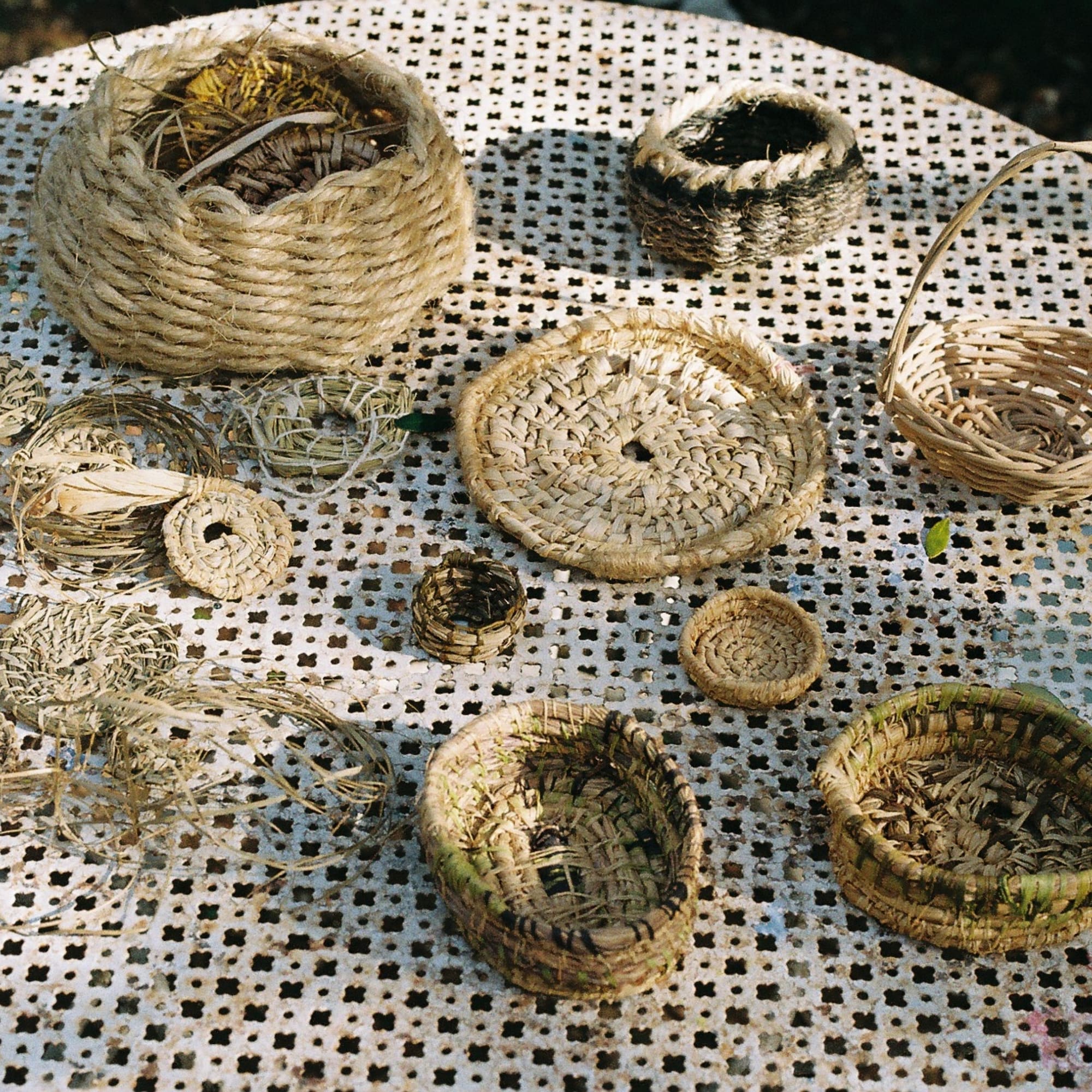 a group of baskets on a table