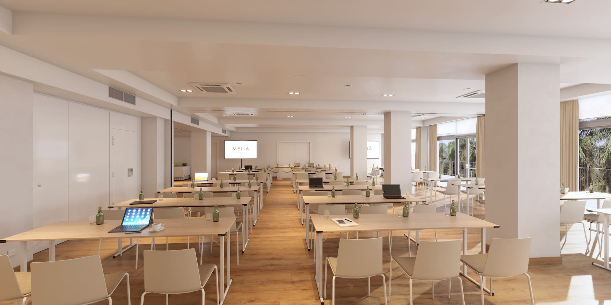 a room with tables and chairs