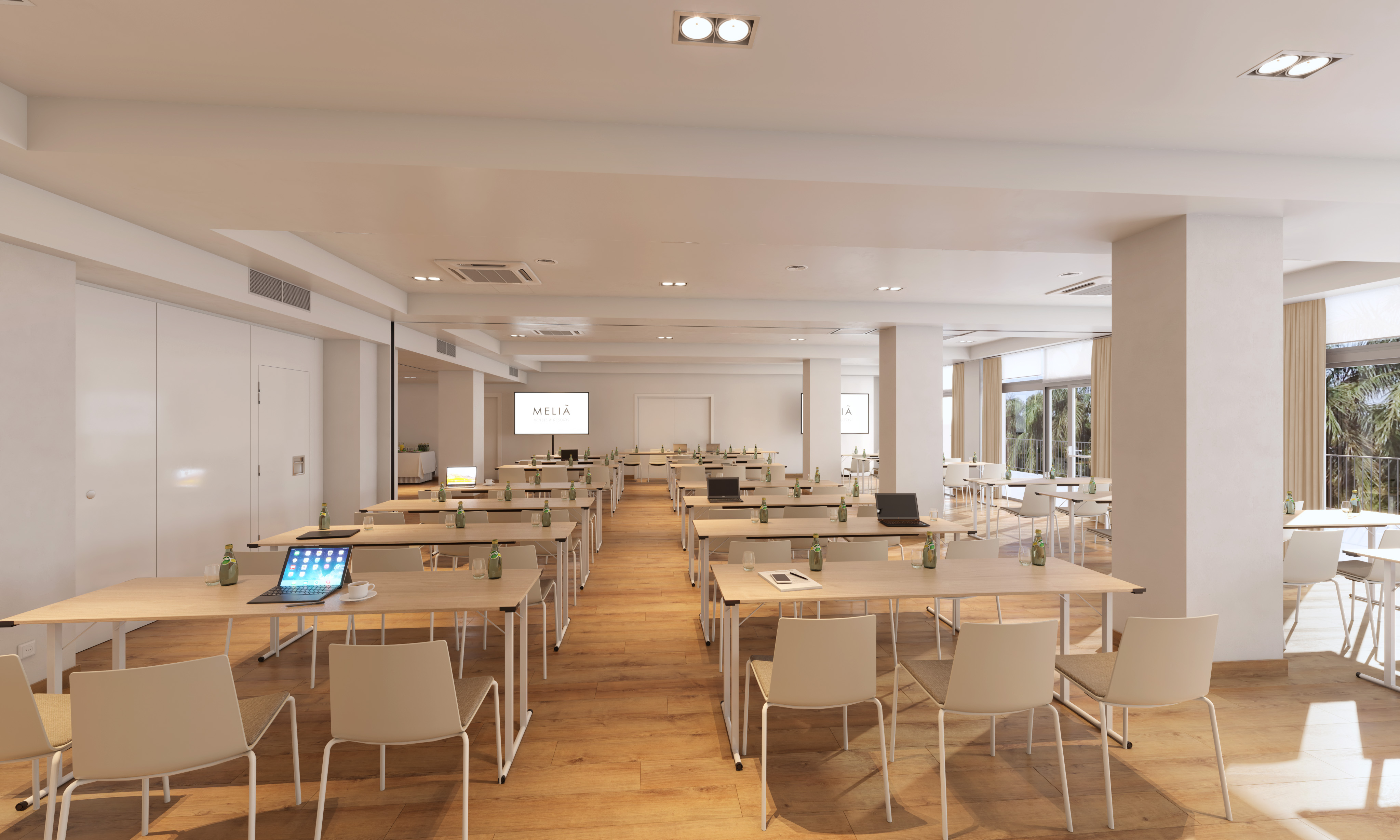 a room with tables and chairs