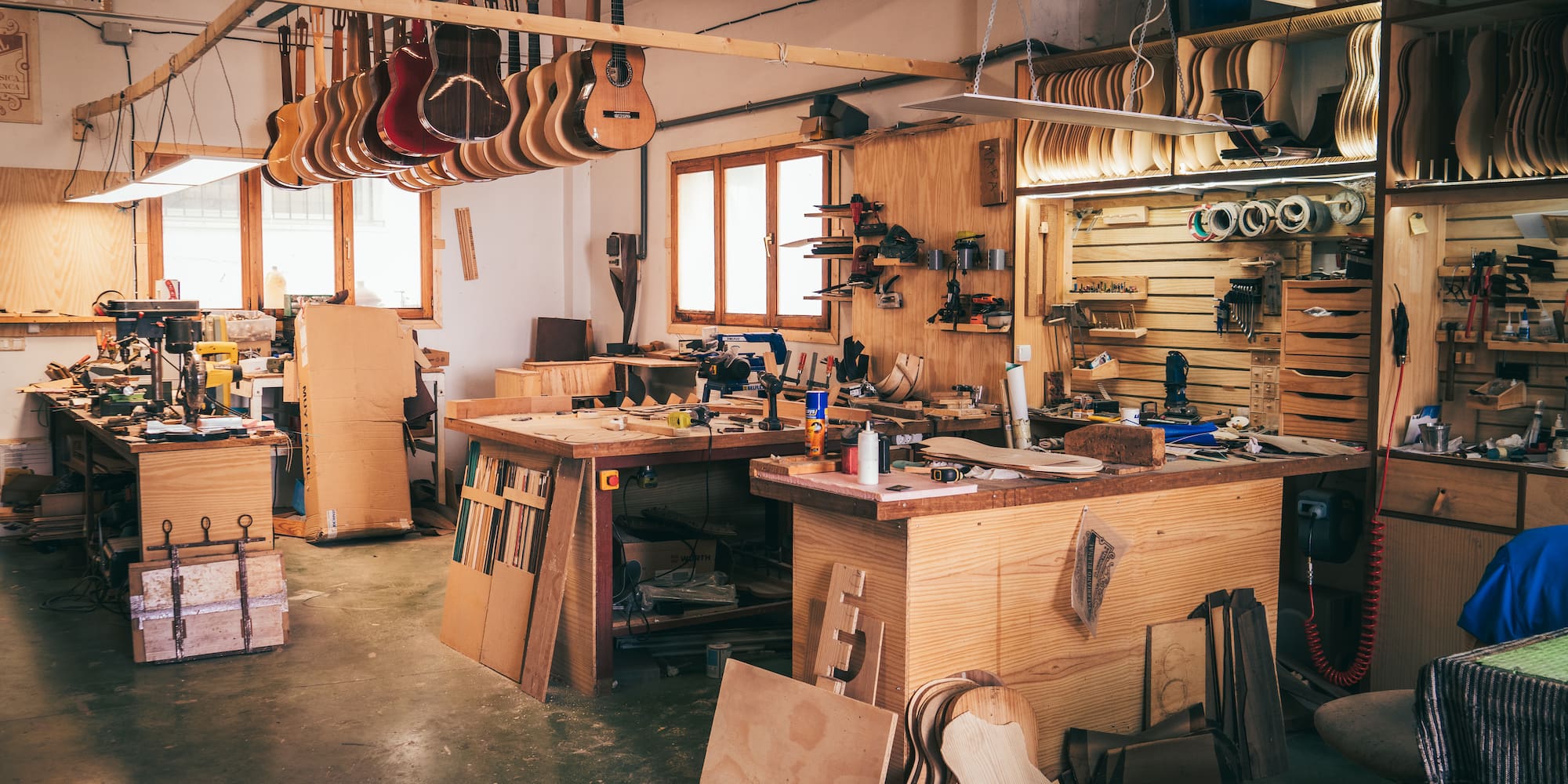 a room with wood pieces and tools