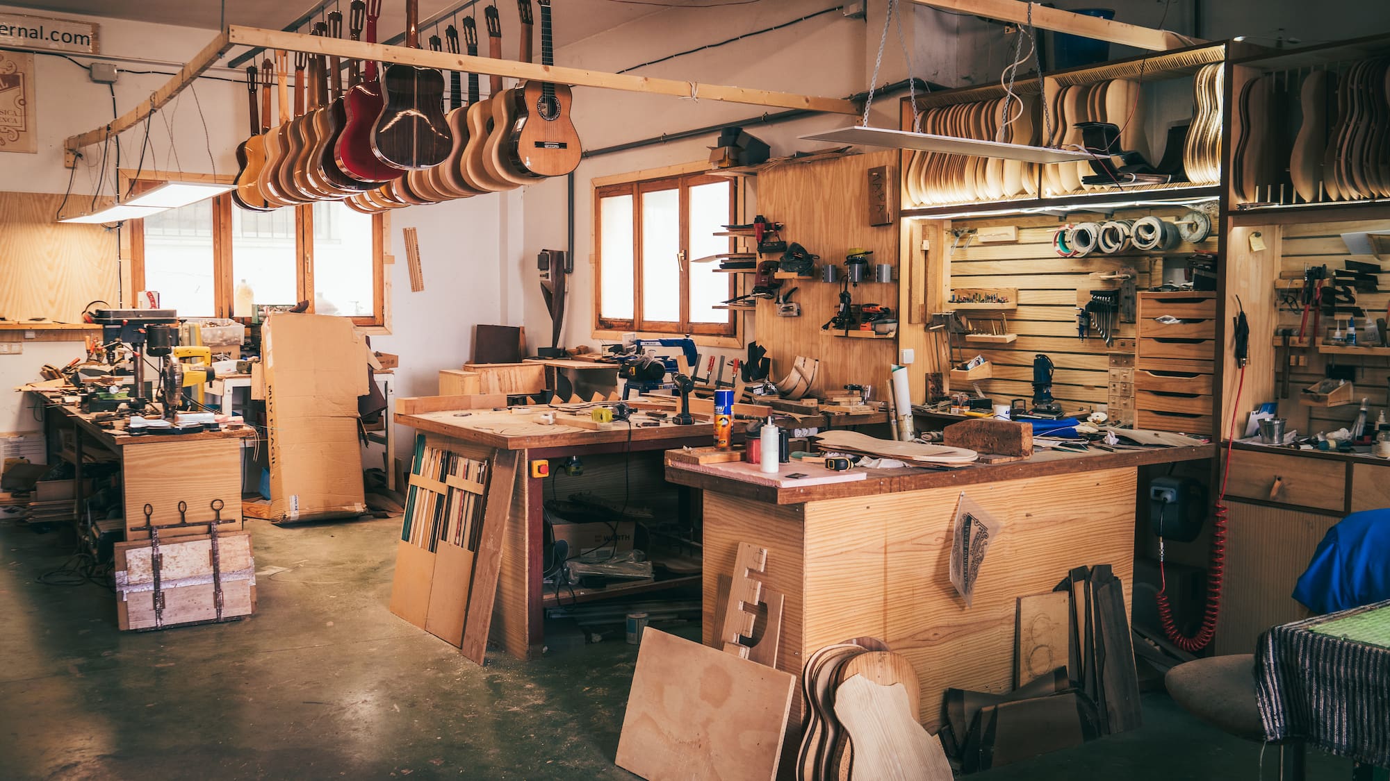a room with wood pieces and tools