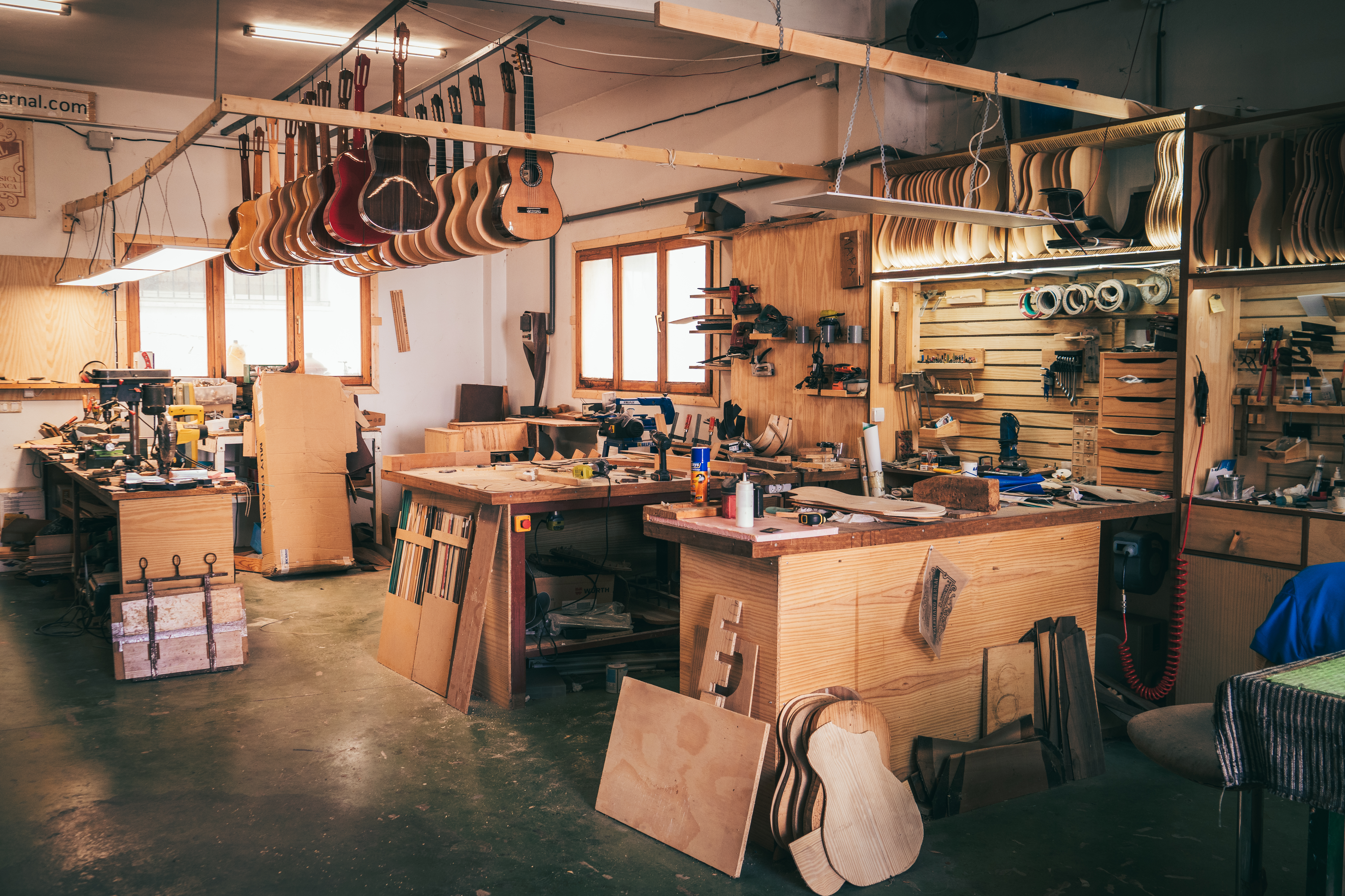 a room with wood pieces and tools