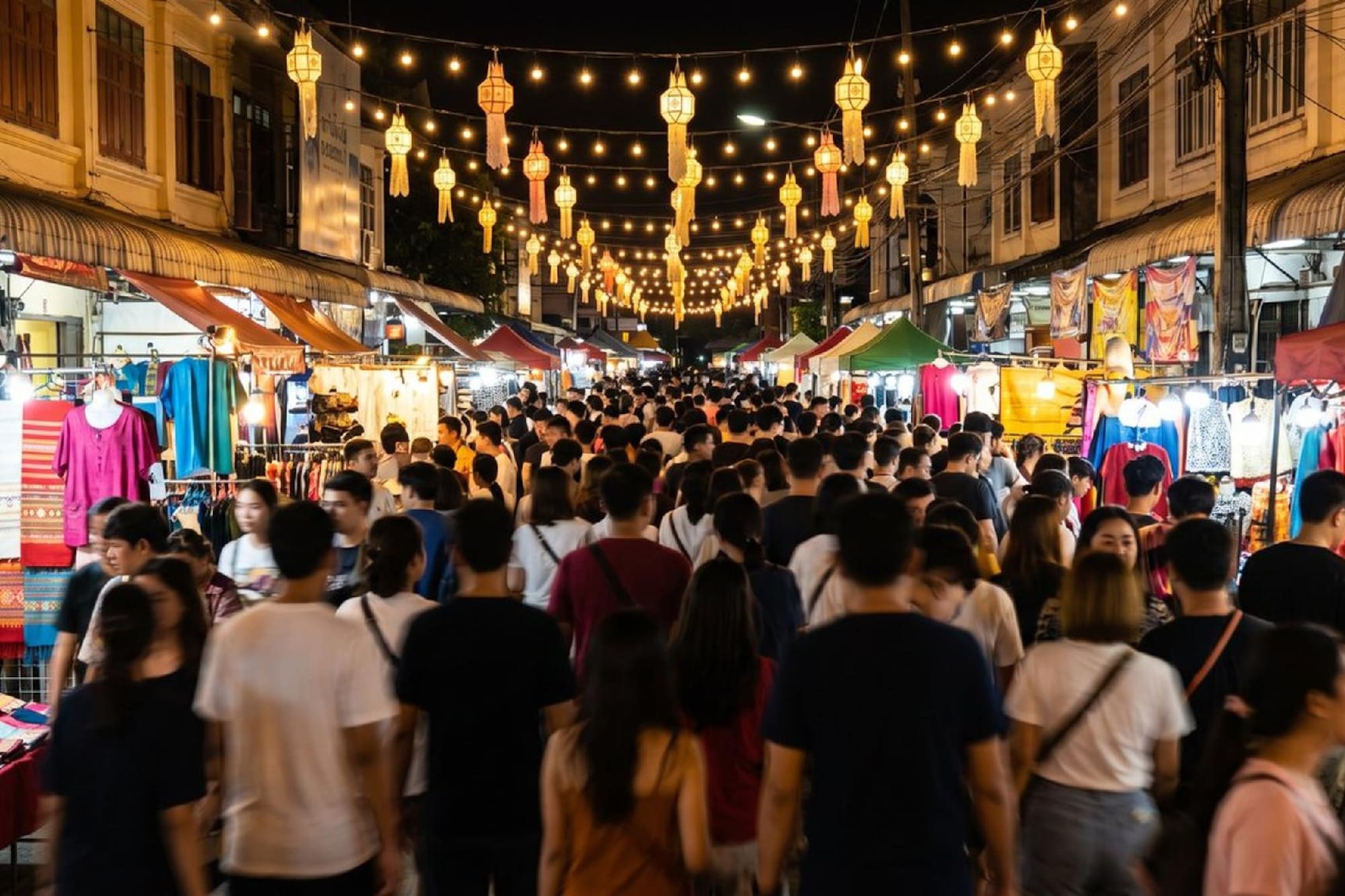 Crowded night market with people, vendor stalls, and glowing lanterns overhead.