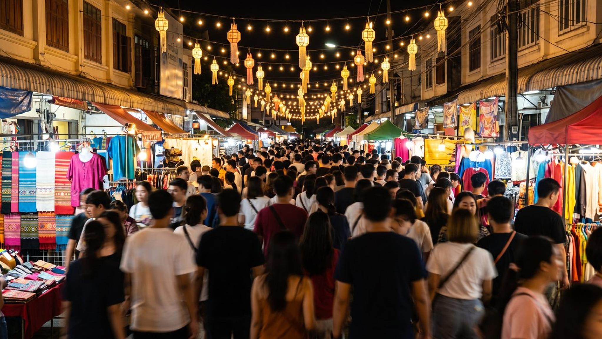 Crowded night market with people, vendor stalls, and glowing lanterns overhead.