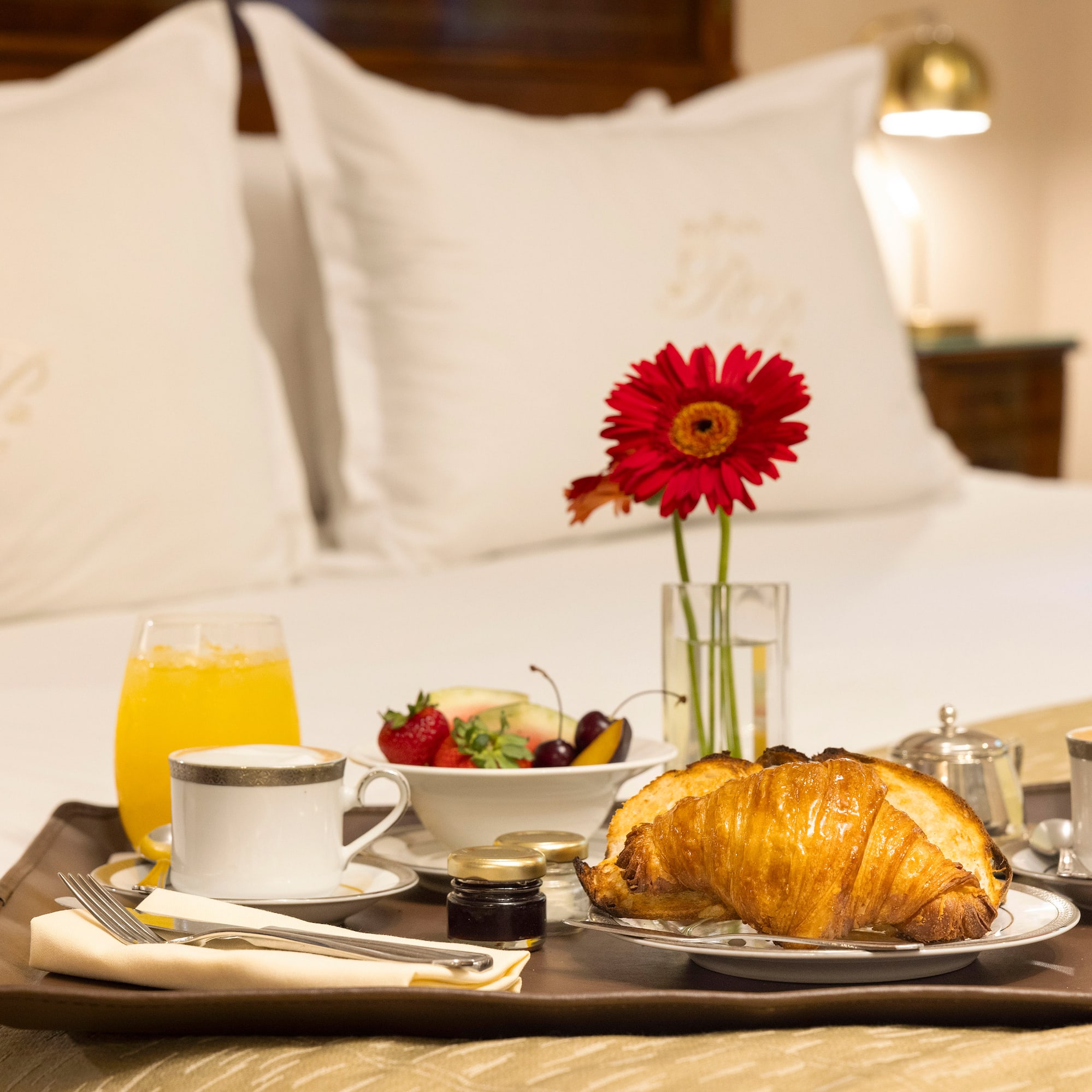 a tray with food and drinks on it