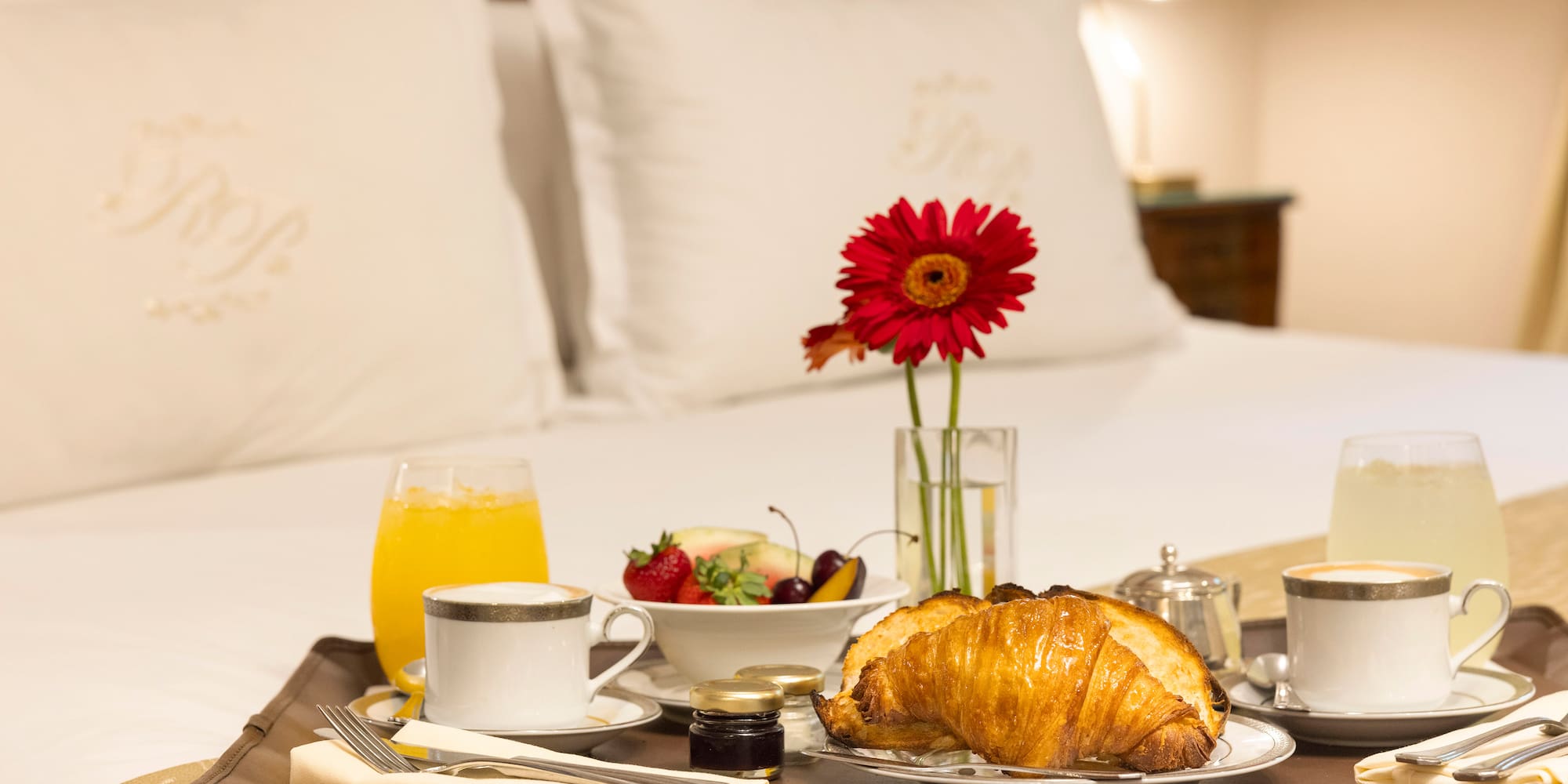 a tray with food and drinks on it