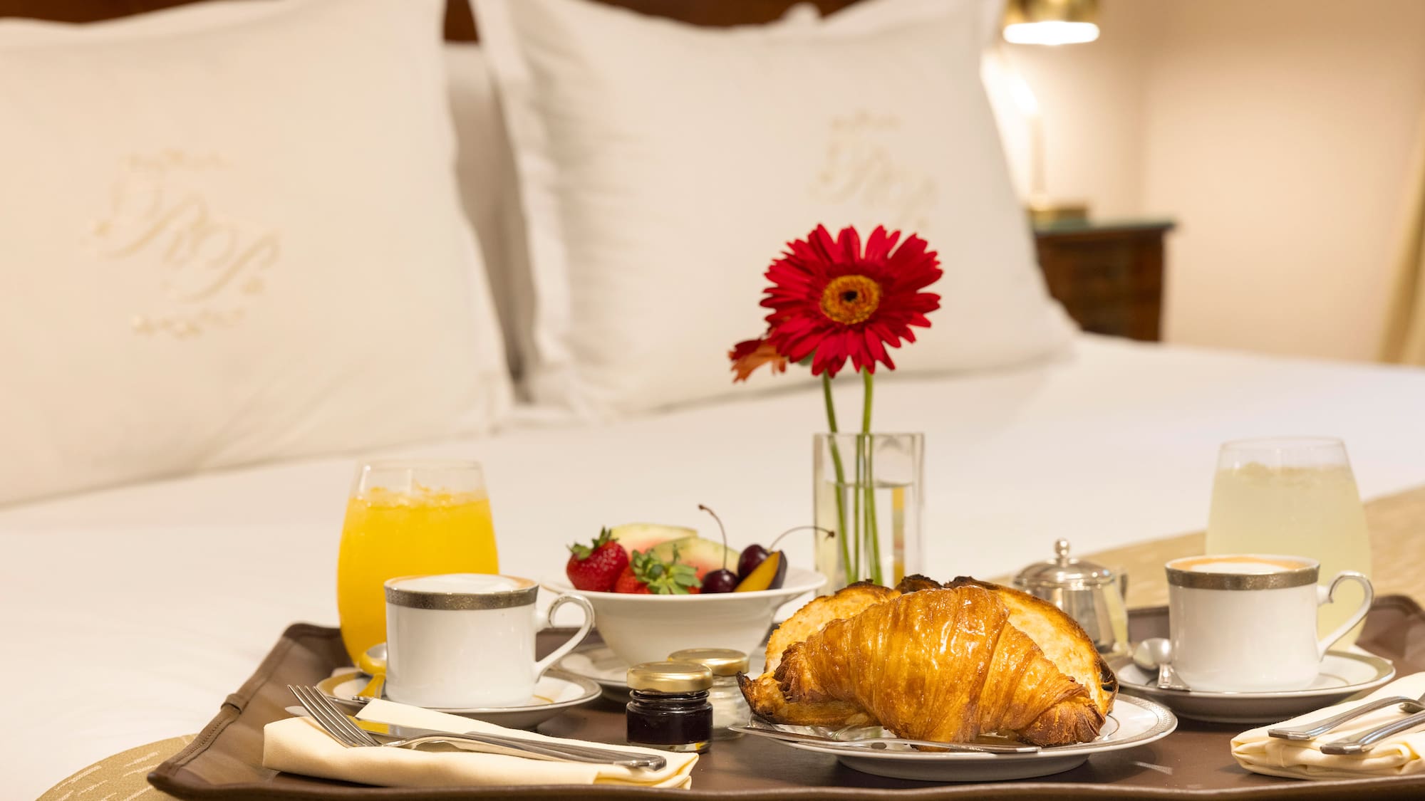 a tray with food and drinks on it
