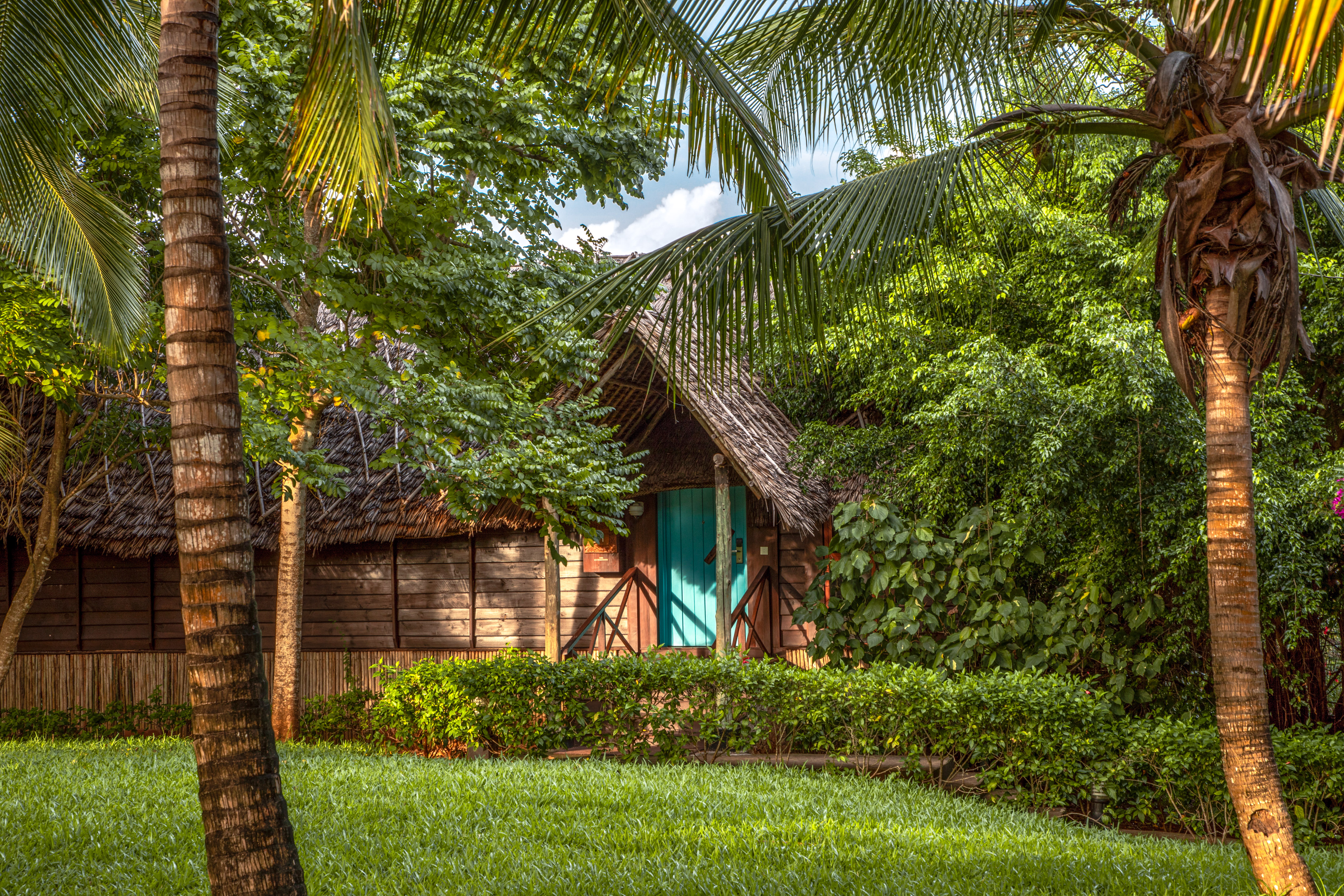 Tropical thatched bungalow with teal door, lush green garden, and palm trees.